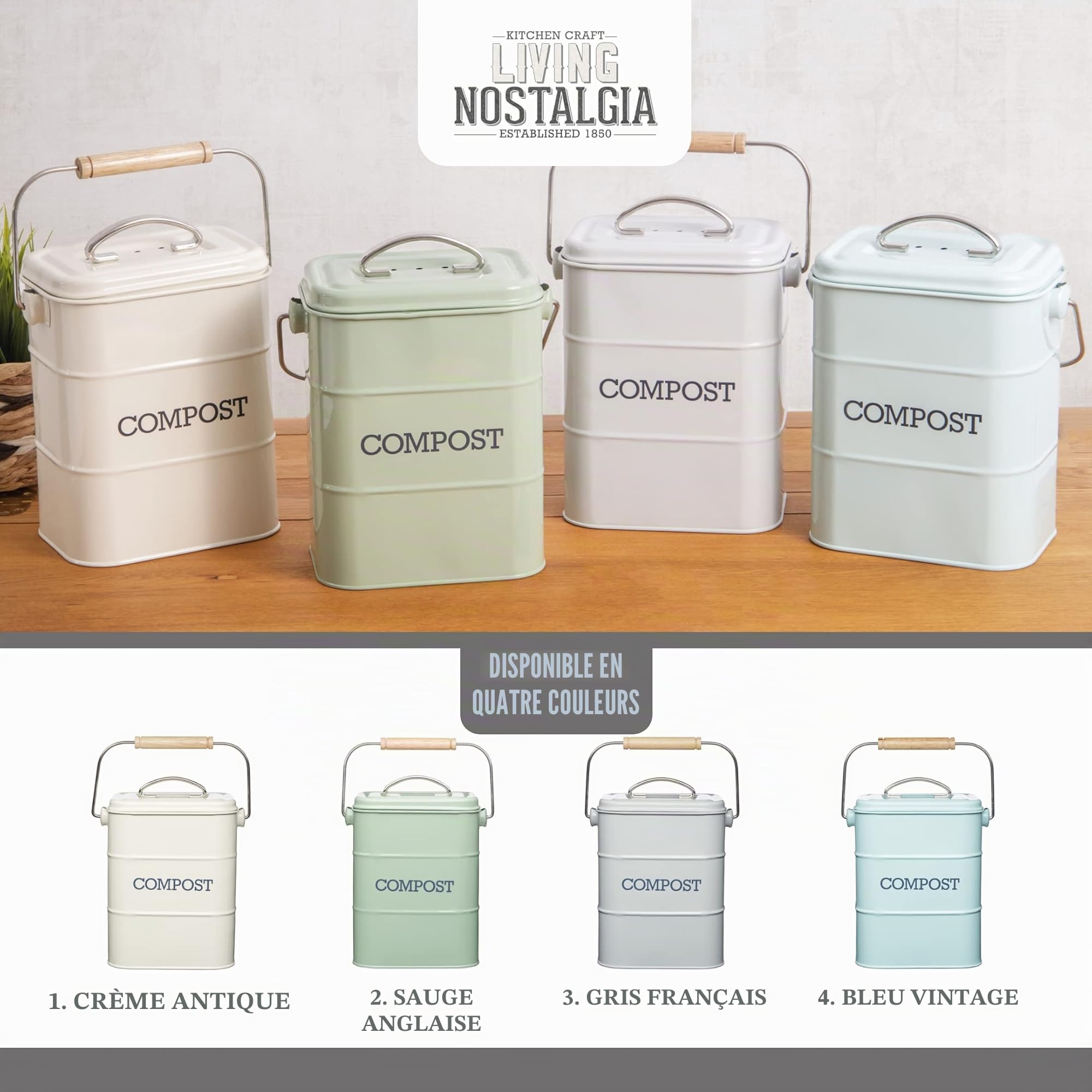 KitchenCraft Living Nostalgia Composteur De Cuisine Métal 16,5x12x24 cm Crème Antique