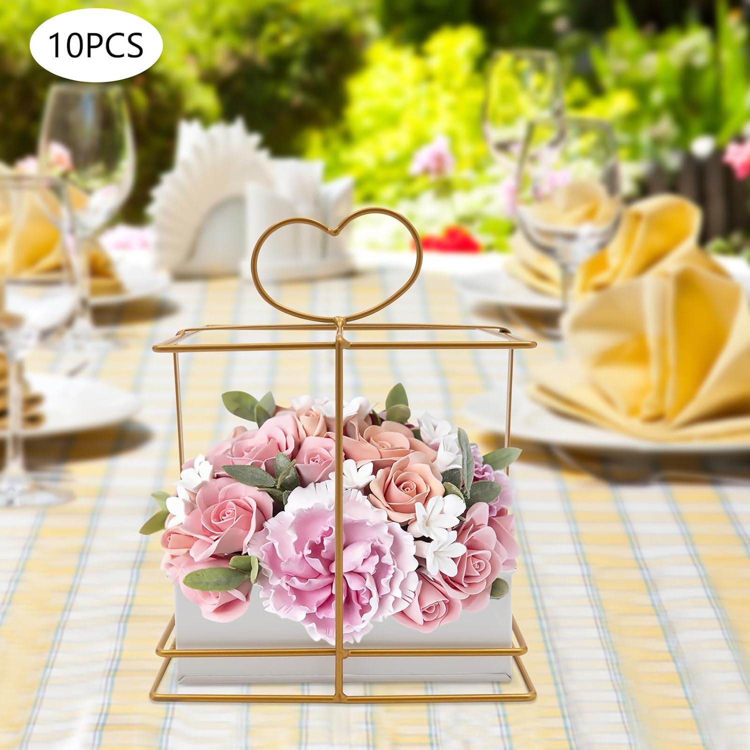 10PCs Metal Geometric Gold Centerpiece, Elegant Wedding Rack for Tables, Free Standing Vase for Weddings Party Decoration, Basket Wedding Flower Stand, Use for Special Event (Square)