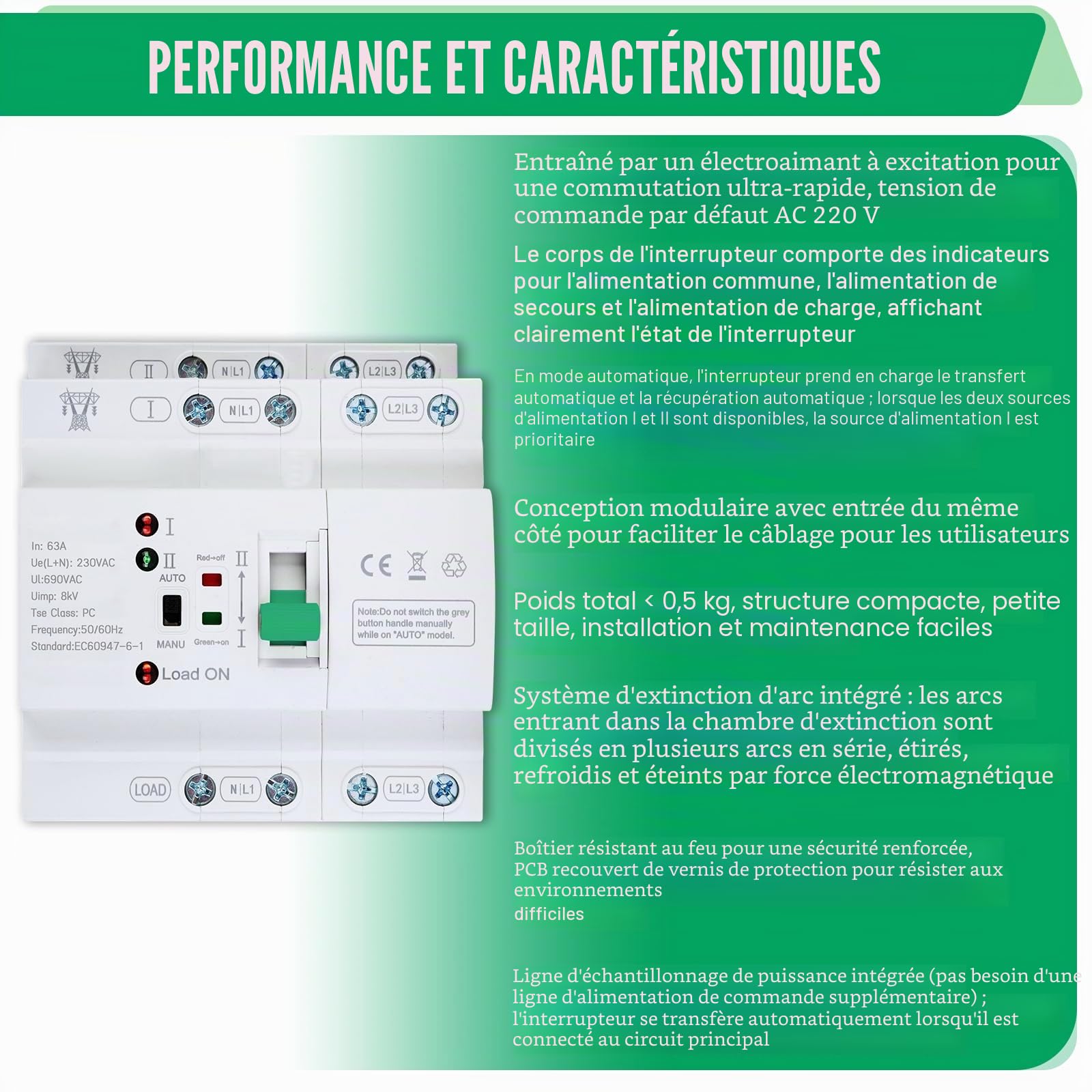 Commutateur de Transfert Automatique, ATS 4P 63A 400V pour Rail DIN | Commutateur Bipolaire Double Alimentation, Commutateurde Charge Électrique pour Alimentation Triphasée