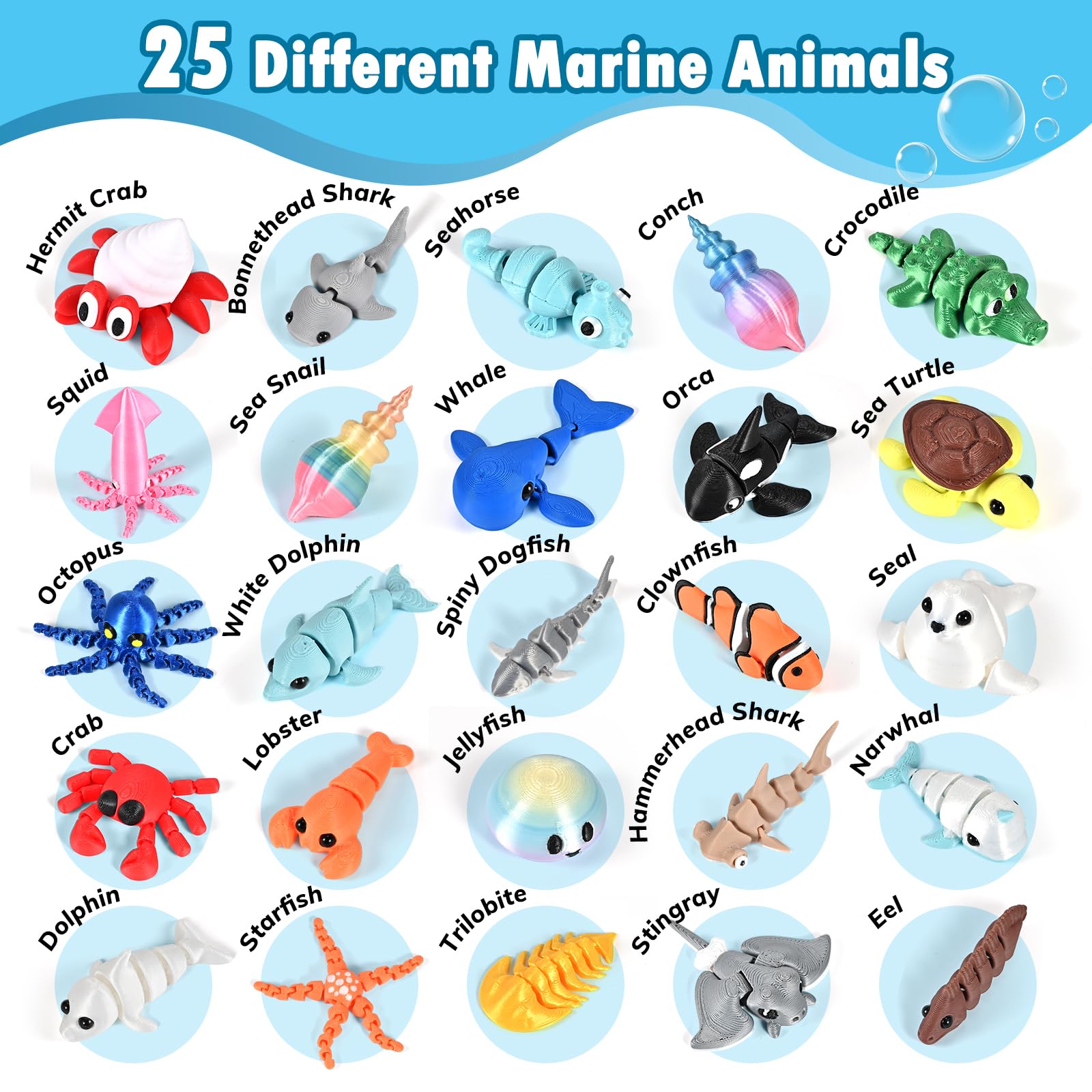 GOLDGE 25PCS 3D Printed Ocean Animals with 25 Learning Cards, 3-4" Articulated 3D Printed Fidget Animals Bulk - Image 3