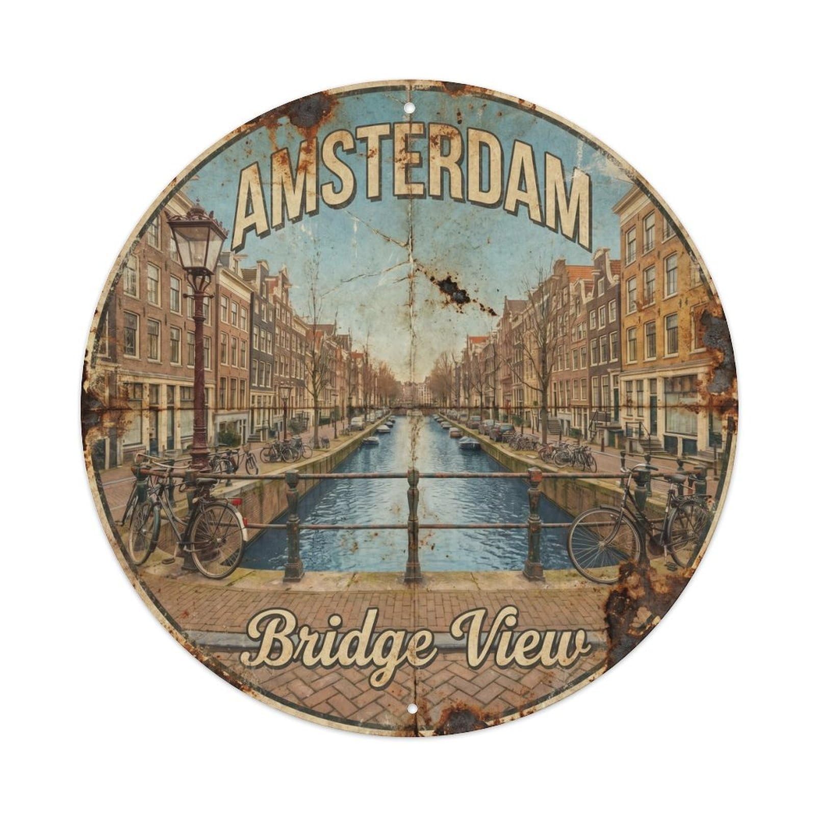 Vintage Travel Amsterdam Bridge View Metal Tin Sign Plaque Wall Decor for Cafe, Club, Garden Round Metal Poster 8x8Inch