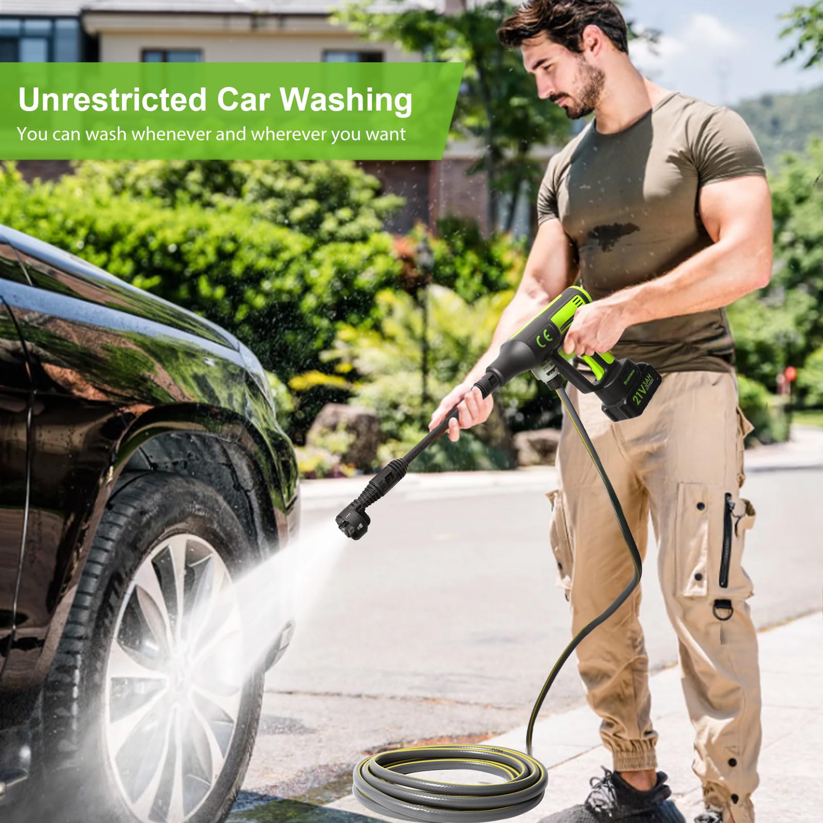 Limpiador de alta presión inalámbrico, limpiador de alta presión portátil, a presión Washer 48 V, con boquilla ajustable 6 en 1, conector para grifo, para coche, jardín, terraza, ventanas (2 baterías)