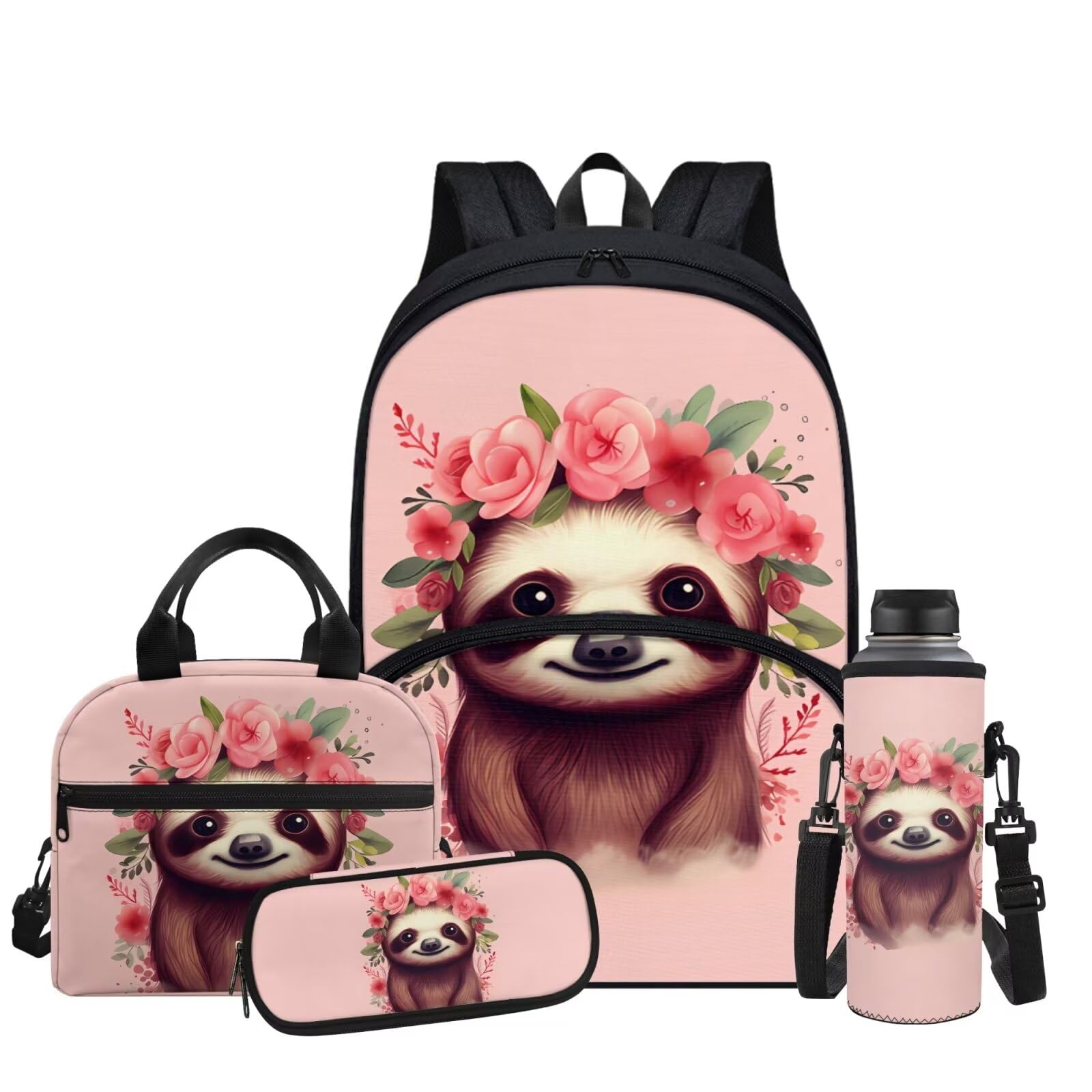 Yruonazao Floral Sloth Backpack for Boys 4 Piece Backpack and Lunch Bag Set for Girls Portable Girl School Backpack 17 inch Insulated Preschool