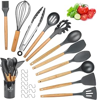Ustensiles de Cuisine en Silicone, hicoosee 22 PCS Accessoire Cuisine Set sans BPA, Kit d'Ustensiles de Cuisine en Silicone et Bois, Ustensiles Cuisine Antiadhésive Set avec Pot de Rangement, Gris