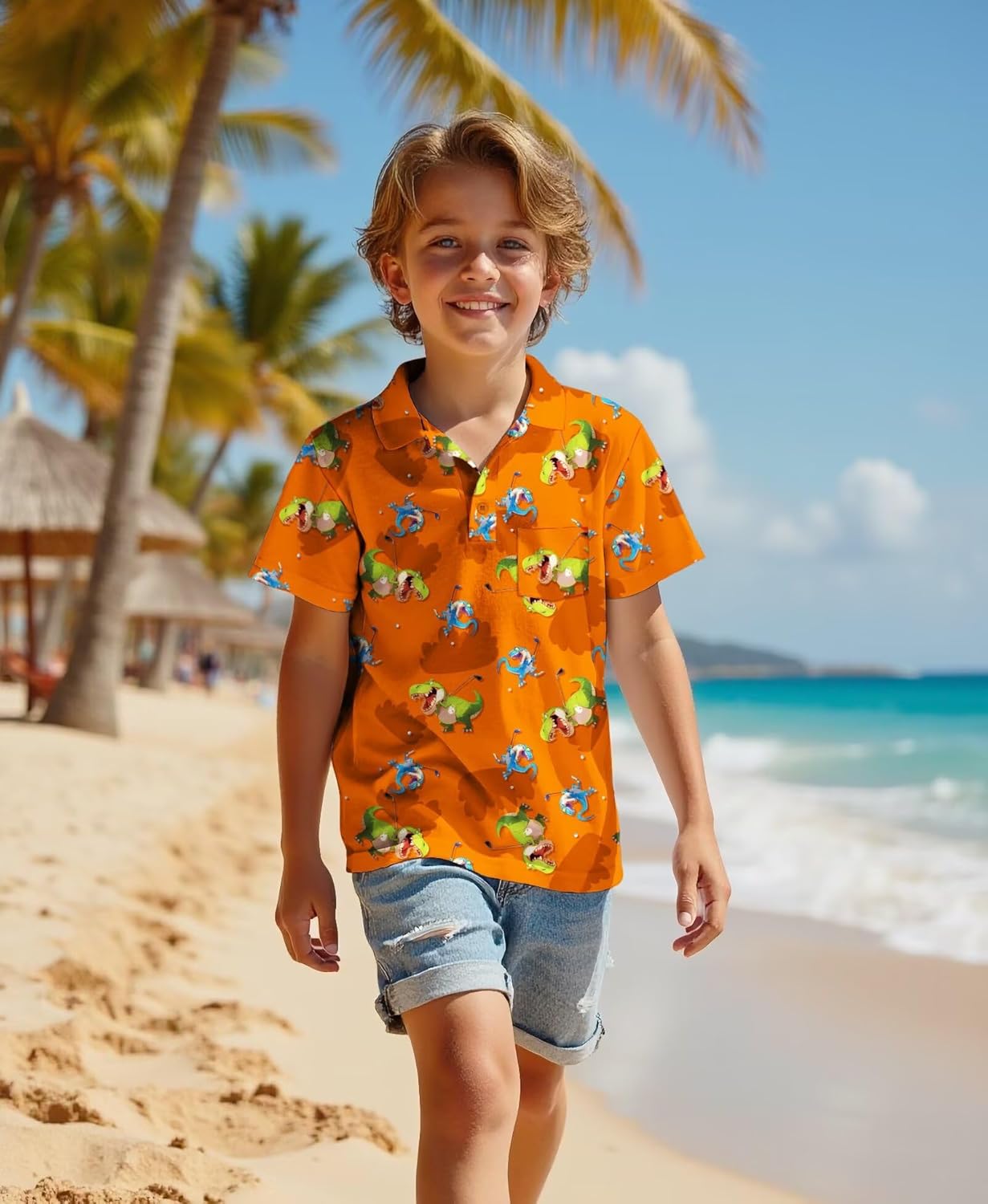 Kids Hawaiian Shirt Boys Golf Polo Beach Top Tropical, Short Sleeve Aloha Printed Tee - Image 5