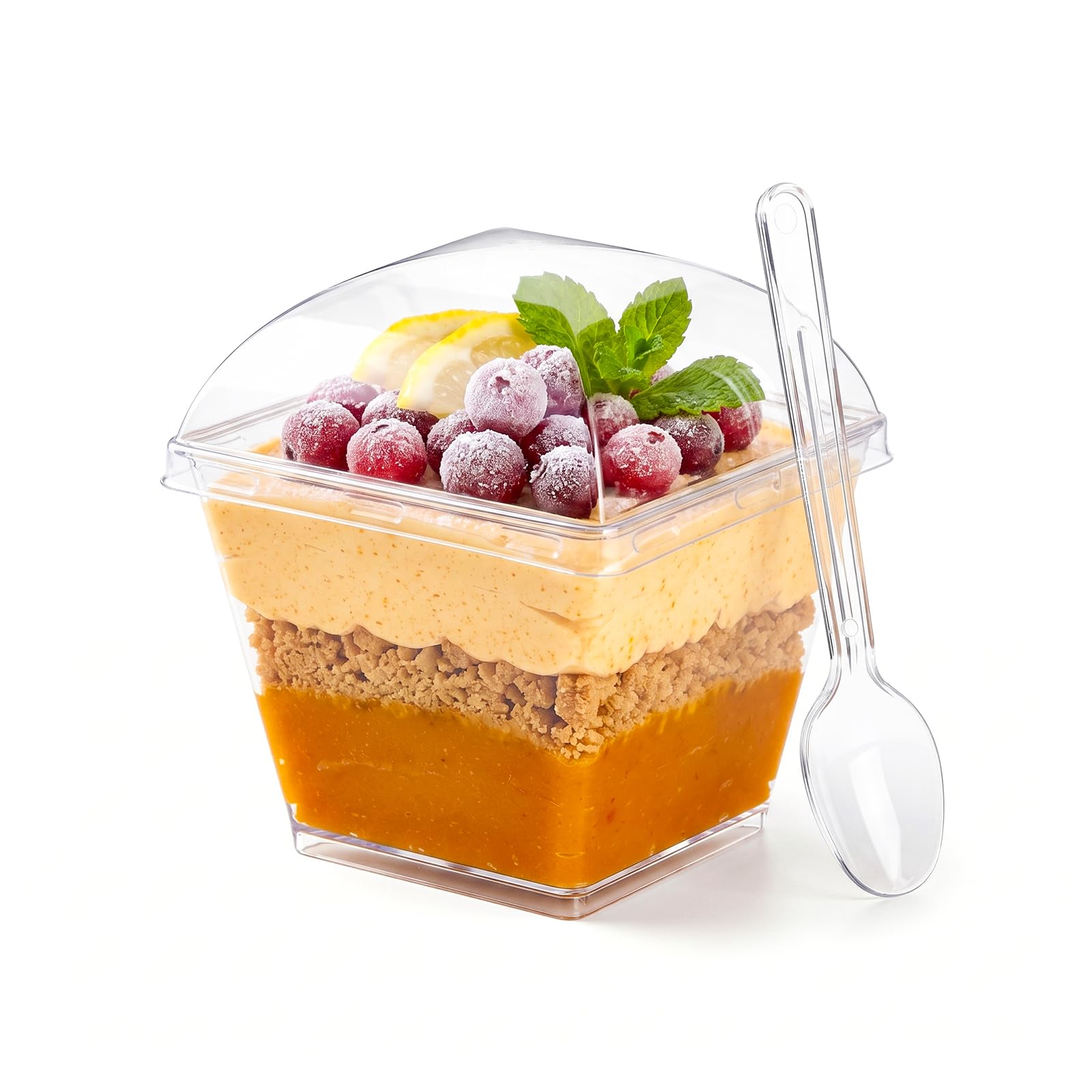 View 1 of 150 Pcs 7 oz Clear Plastic Dessert Cups with Lids and Spoons, Square Mini Shooter Cups, Yogurt Parfait Cups for Pudding, Fruit, Ice Cream, Appetizer Cups for Weddings, Parties, Picnics, and Camping