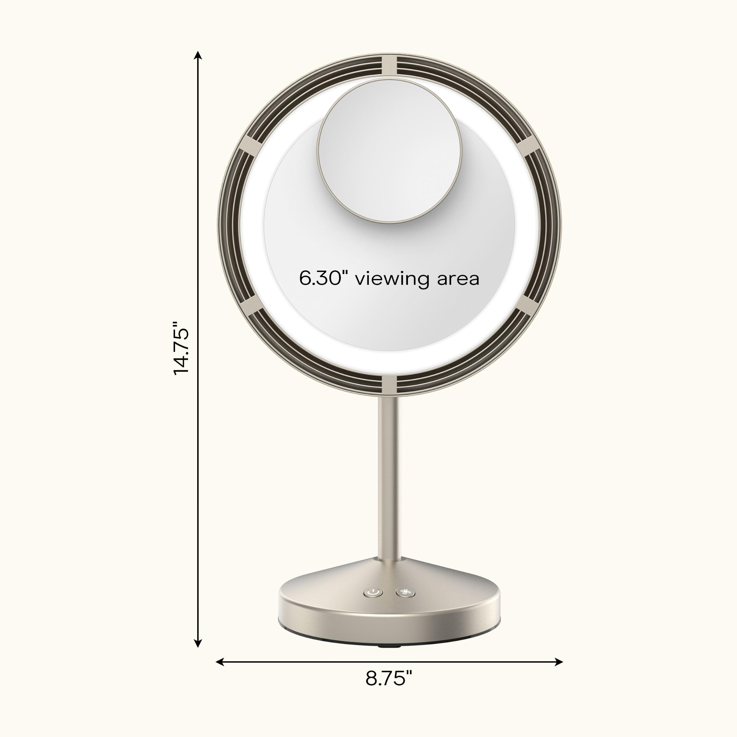 Conair Espejo de Maquillaje con Ventilador Iluminado LED con Aumento de Manchas, Espejo de Maquillaje con luz y Ventilador con 3 ajustes, área de visualización de 15 cm, Acabado de níquel Satinado | Ventilador integrado e iluminación LED de por vida con a