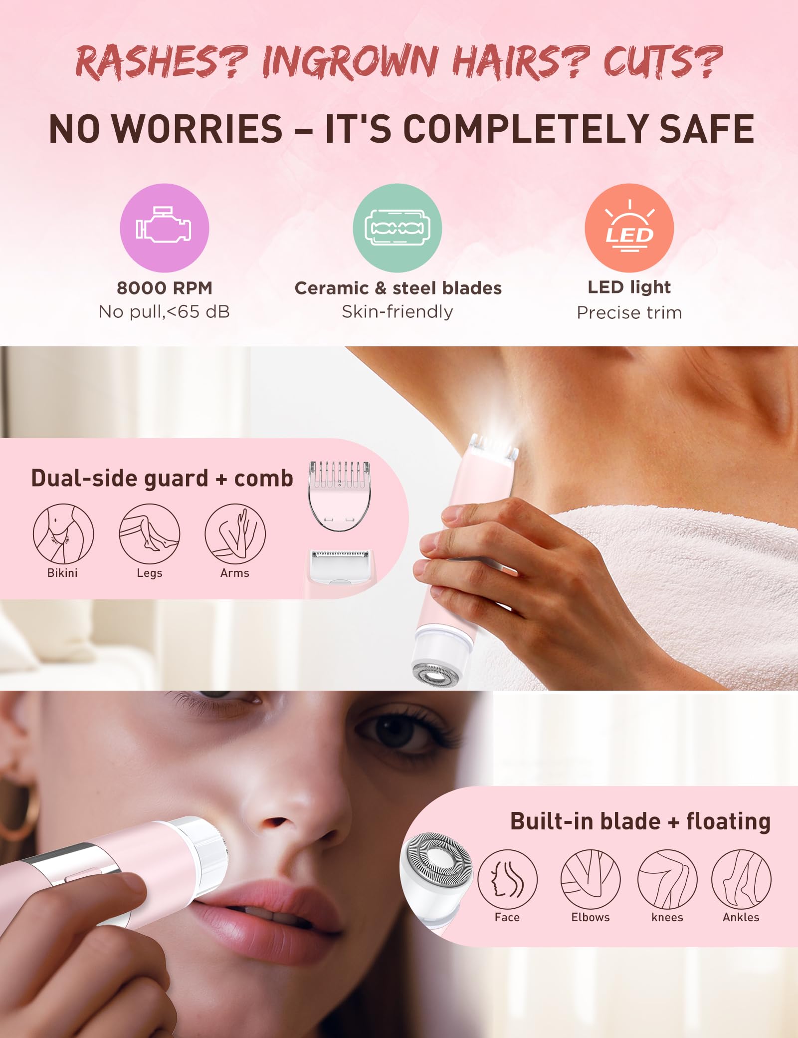 Bikini Trimmer Women 2-in-1 Facial Hair Remover for Women,USB-C Razors Woman,Dual Head Shaver Women with Smart Light for Intimate,Lady Shavers for Woman Pubic Hair for Lip Underarm Body,Travel Lock — view 3