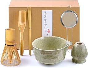Matcha Kit Complet - Set Fouets à Matcha 6 Pièces avec Fouet en Bambou à Matcha, Bol à Matcha, Filtre à Poudre de Matcha, 2 Cuillère, Support de Fouet, Accessoires Matcha pour la Cérémonie du Thé (A)