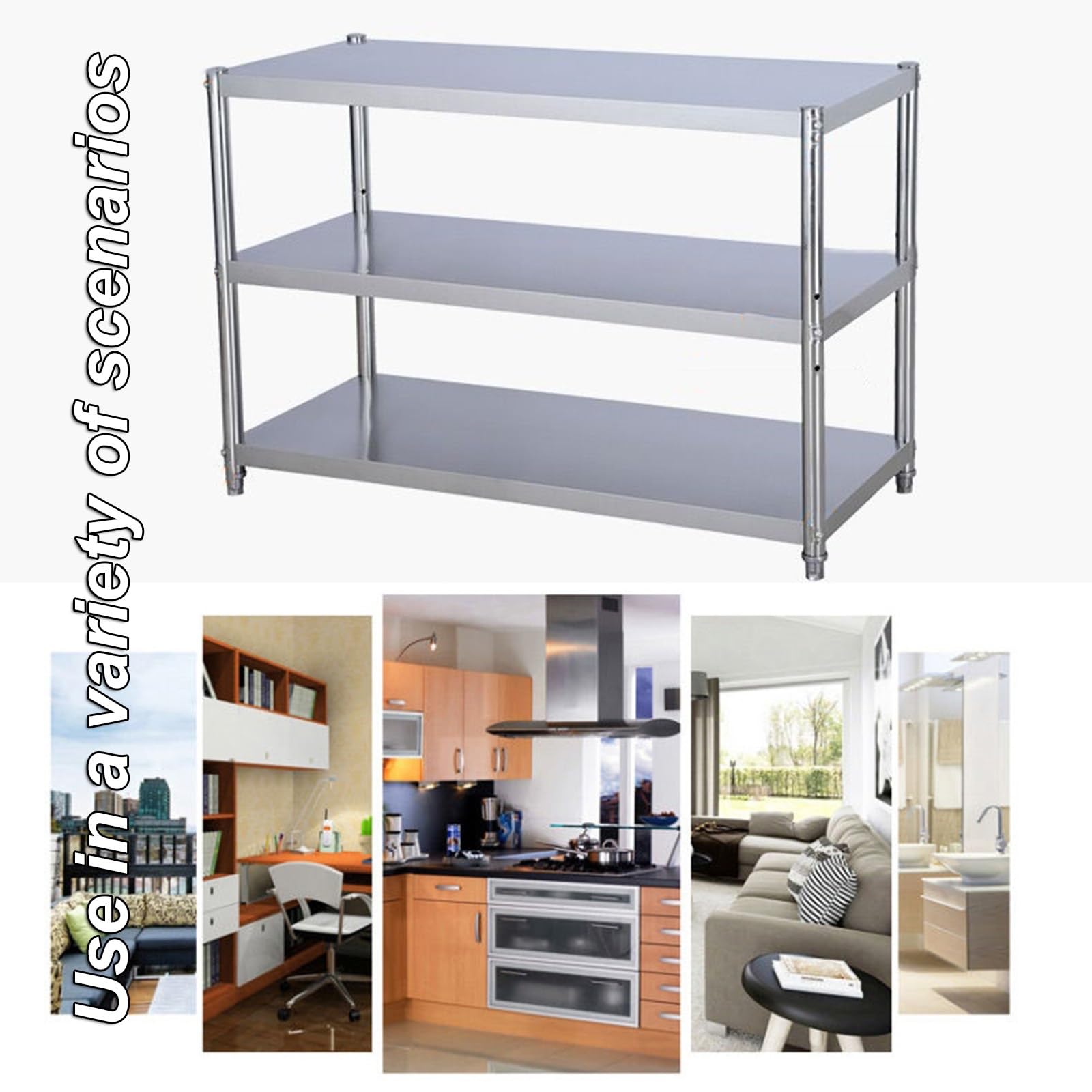 Tavolo da cucina in acciaio inox, banco da lavoro a tre livelli con travi rinforzate, alta capacità di carico, ripiani aperti, grandi dimensioni (70 x 40 x 80 cm) per uso commerciale e domestico