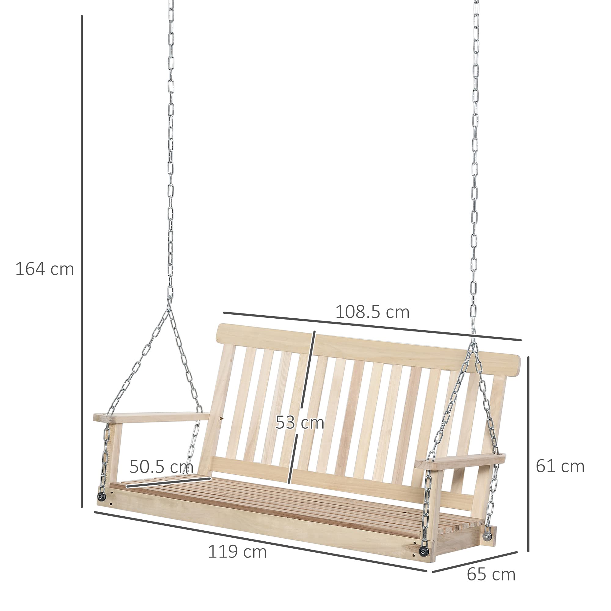 Outsunny Dondolo per Esterno Sospeso per 2 Persone in Legno e Catene in Metallo, Colore Naturale 119x65x61cm
