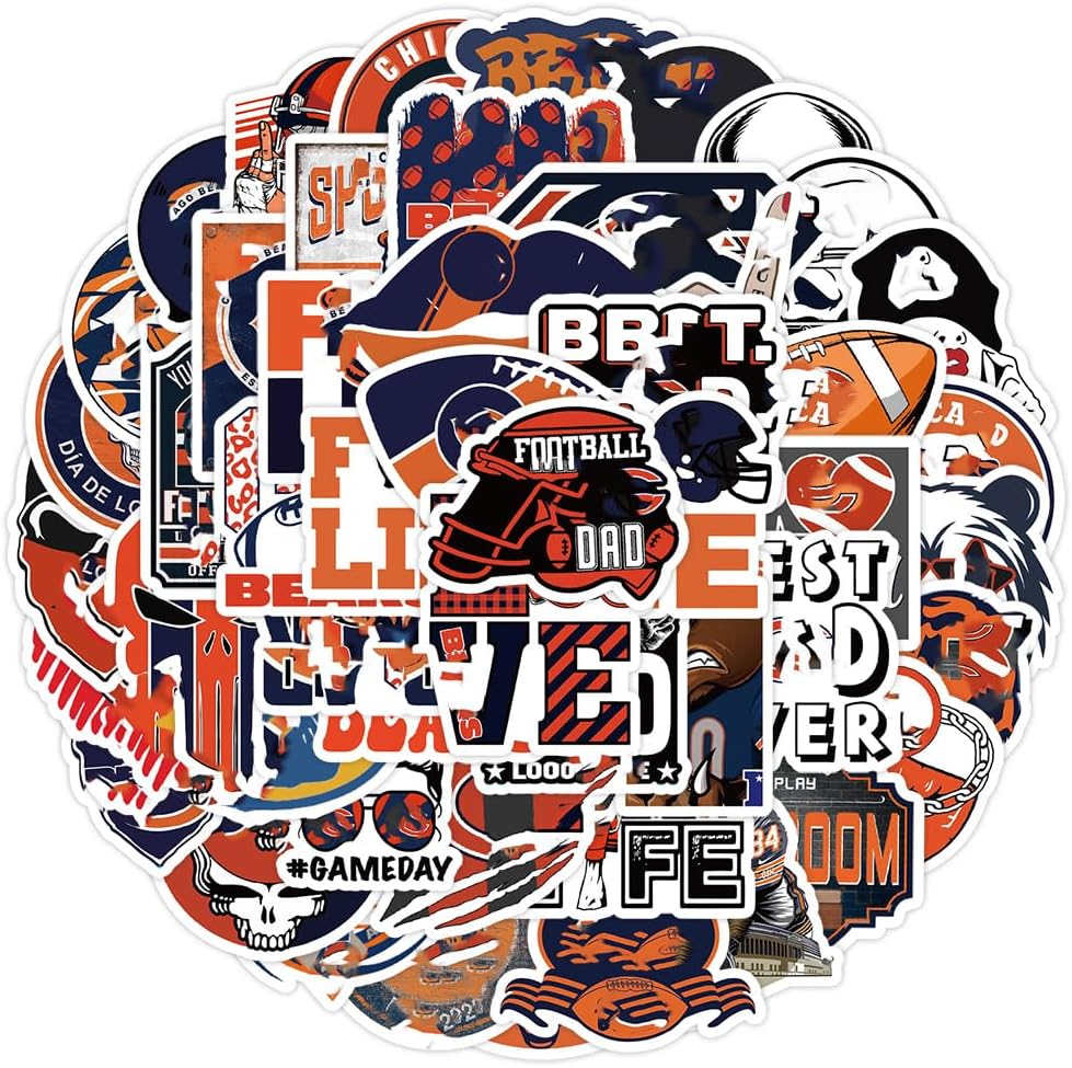 50 PCS Chicago Stickers Decals for Bears Stickers Vinyl Football Sticker Wate...
