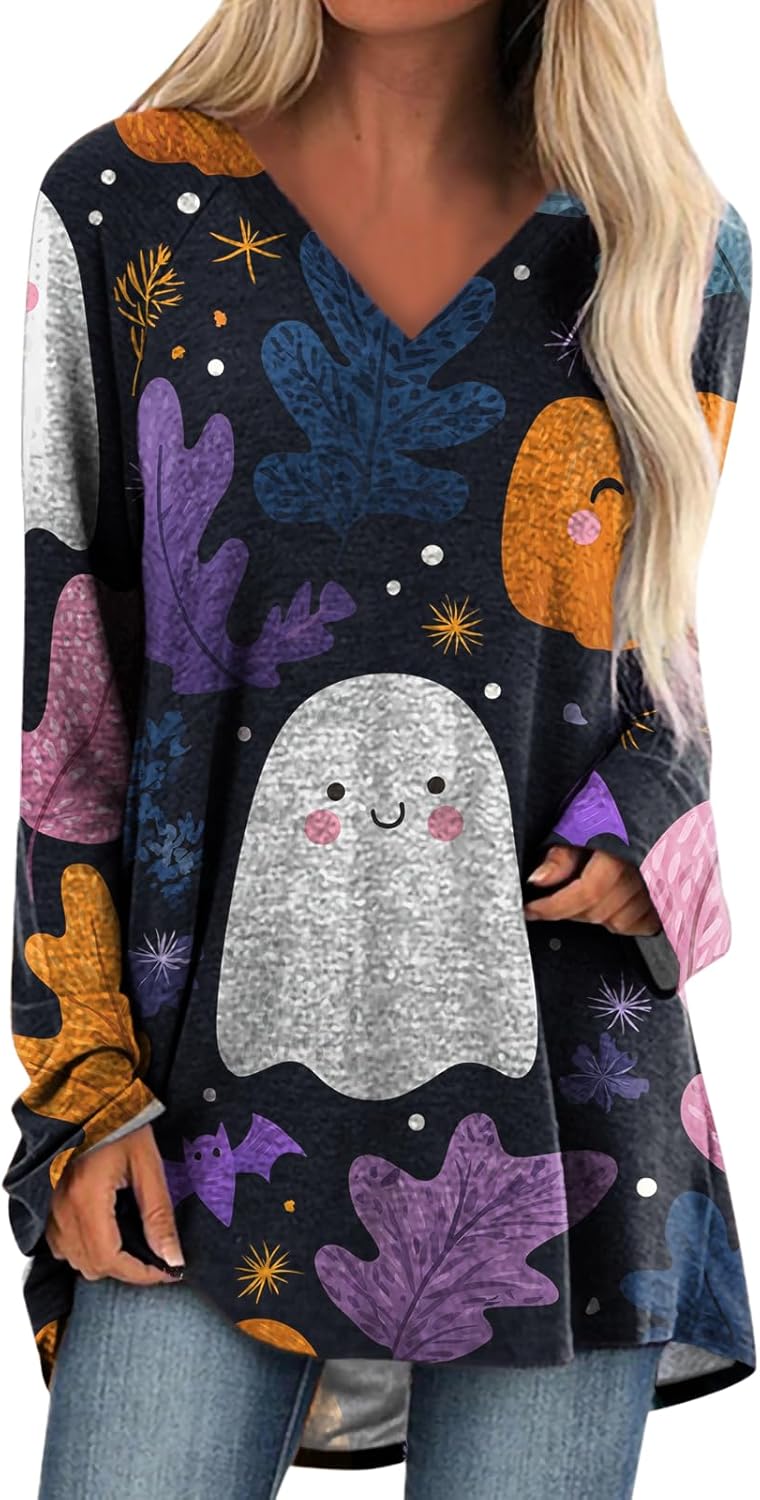 Womens Funny Halloween Shirts Loose Casual V Neck Long Womens Funny Halloween Shirts Loose Casual V Neck Long