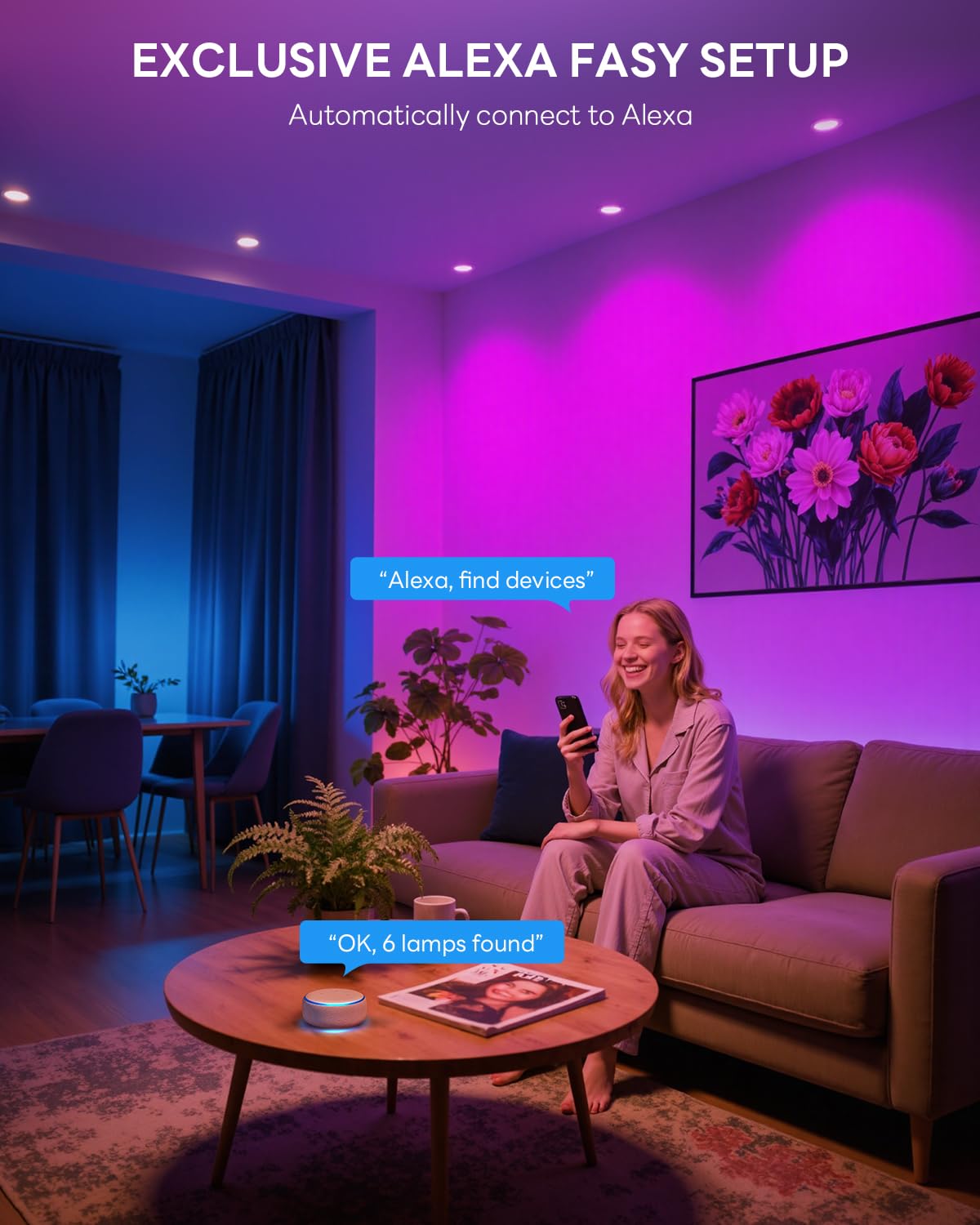 VARICART Led-inbouwspot, dimbaar, Alexa, 6 stuks, 10 W, RGB, Smart Bluetooth, plafondspot, meerkleurig, 2700 K-6000 K, 1000 lumen, slimme spot voor vele scènes, app-besturing