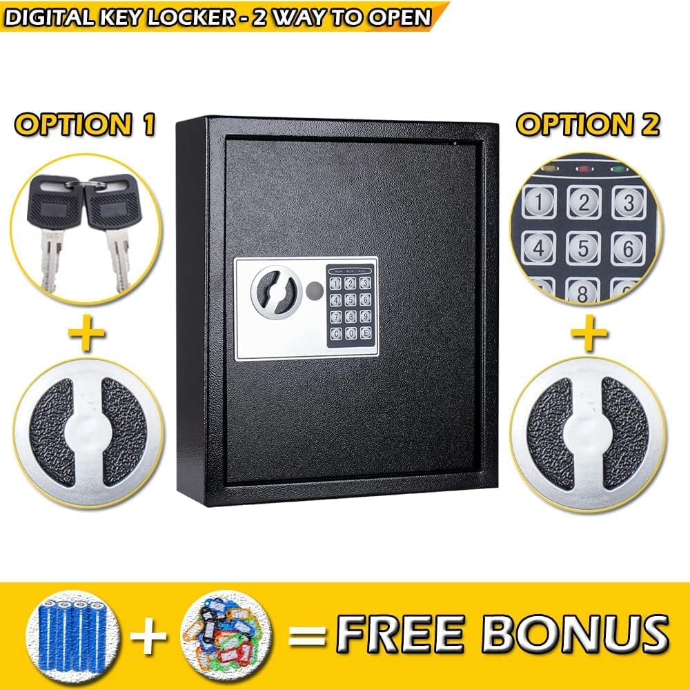 Furnishh Wall Mount Digital Key Box, Metal Key Cabinet Organizer Electronic Key Safe Storage Lockbox Holder for Valets, Hotels, Car and House Keys, Key Keeper Box with 100 Key Hooks & Tags