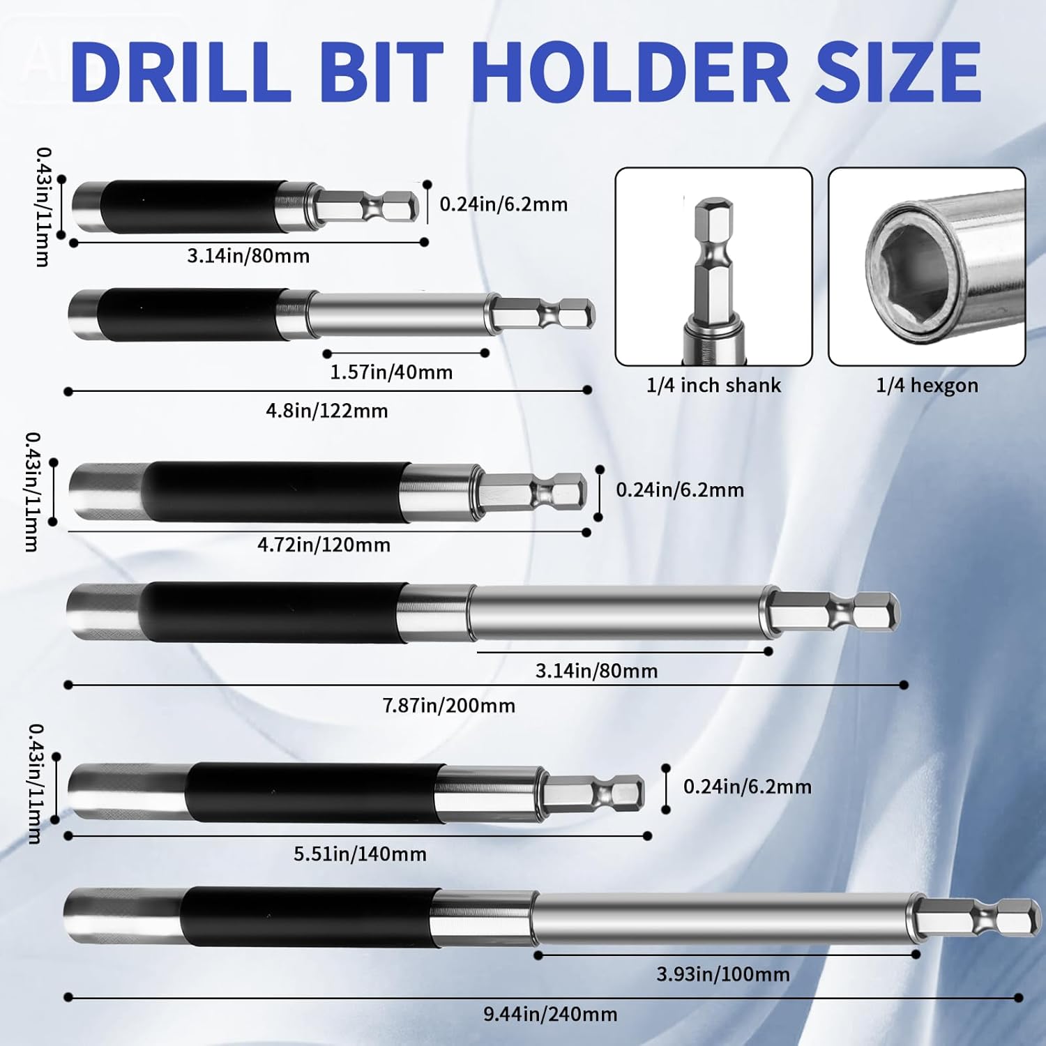 4 Pcs Drill Bit Holder 3.1"/4.7"/5.5", Magnetic Drill Extension Bit Holder with Telescopic Sleeve Screwdriver Bit Holder Extension Bar Adapter