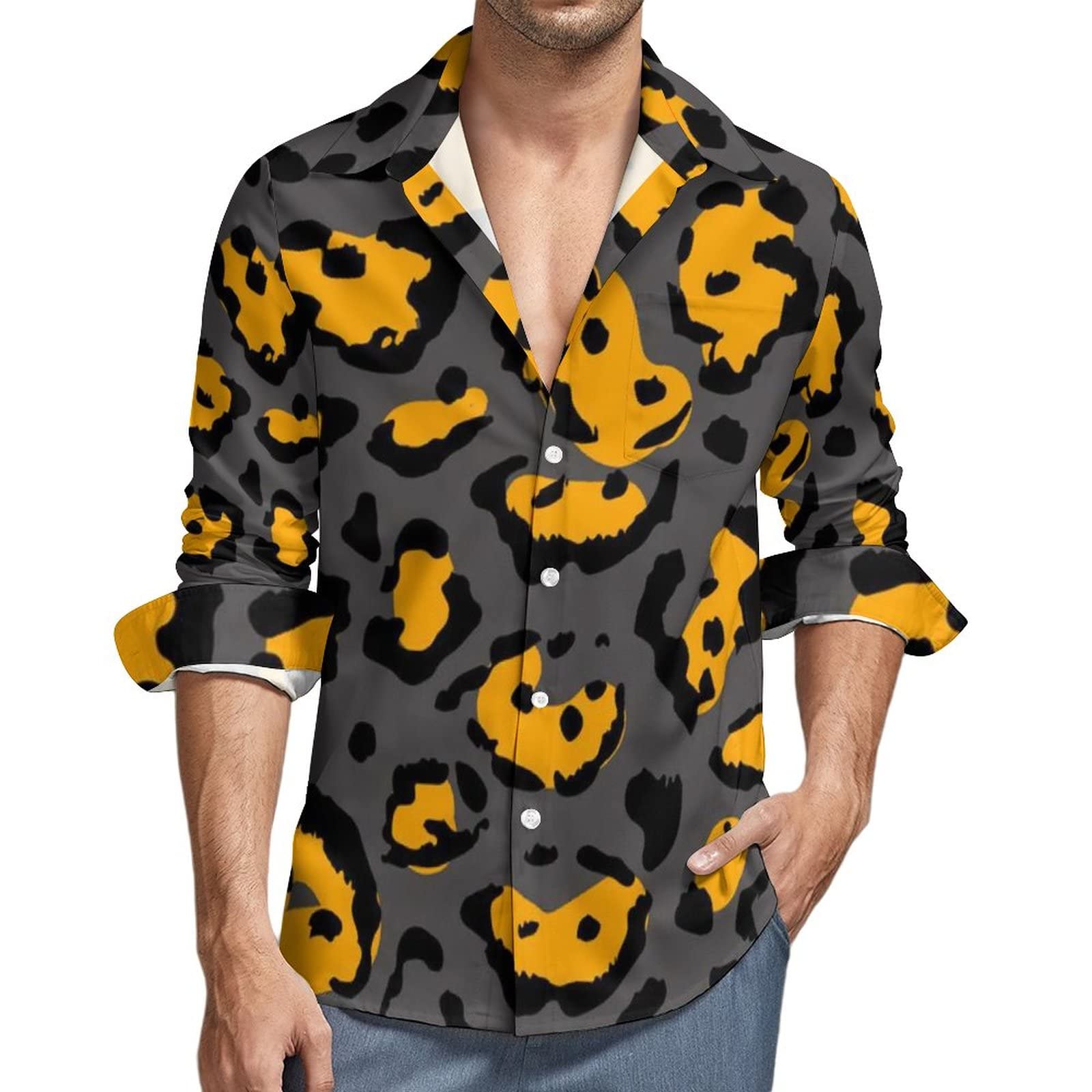 Amazon.co.jp: オレンジヒョウ柄 メンズ長袖シャツ 快適な