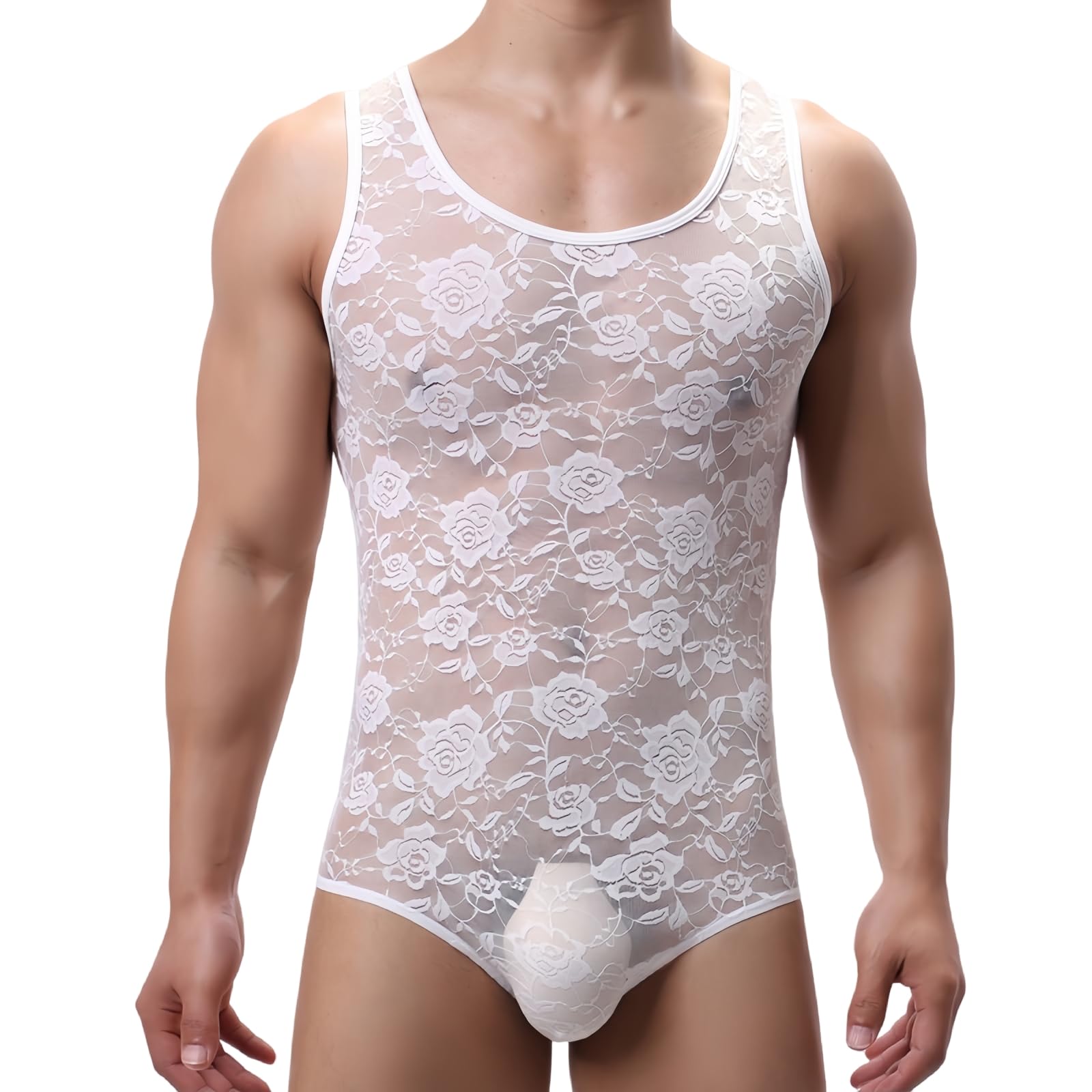 TouKingda Men's Floral Lace Mesh Bodysuit Sheer Sleeveless Lingerie Leotard See Through One Piece Jumpsuit Tank Tops Underwear Briefs Black Body Suits Undershirt Clubwear Nightwear, White/XL