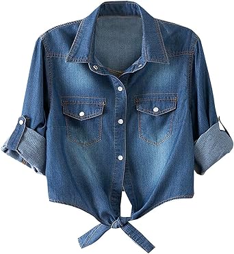 Women's 3/4 Sleeve Crop Top Tie Front Denim Shirt Cardigan