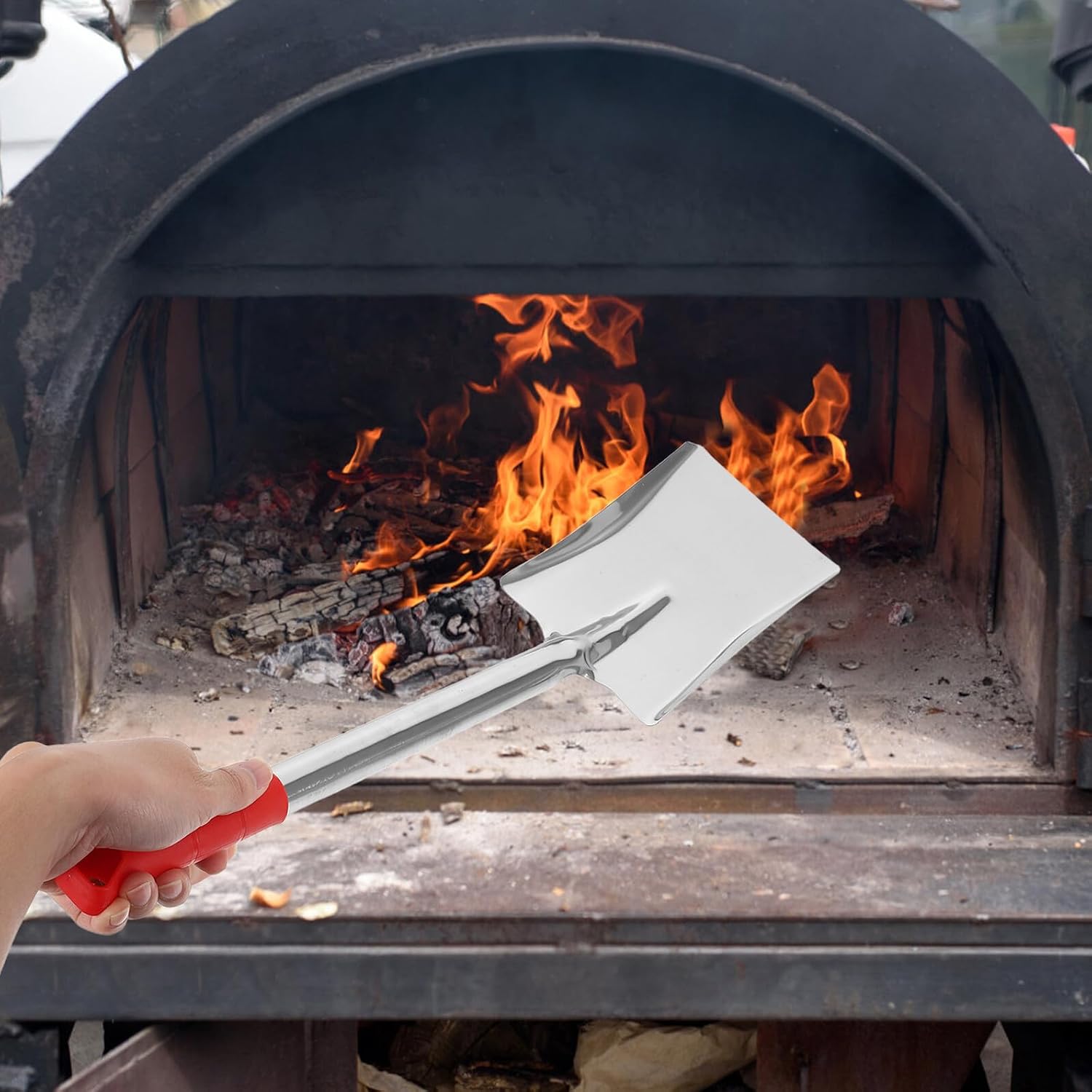 Fireplace Ash Shovel with Red Rubber Handle, 53cm Stainless Steel Charcoal Scoop for Stove, Wood Burner, Fire Pit and Grill Cleaning Tool
