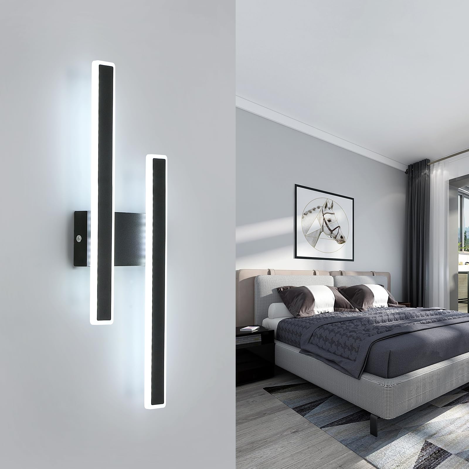 Comely Wewnętrzny Kinkiet LED, 32W 3600LM Nowoczesna Lampa Ścienna 6500K Zimna Biała Biel, Akrylowa Wewnętrzna Oprawa Ścienna Do Sypialni, Salonu, Korytarza, Schodów, Czarny
