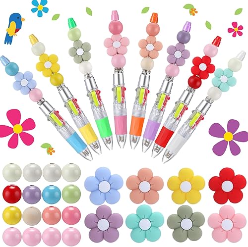 8 juegos de bolígrafos con cuentas, bonitos bolígrafos de plástico para cuentas con 24 cuentas para estudiantes, escuela, oficina (multicolor, flor)