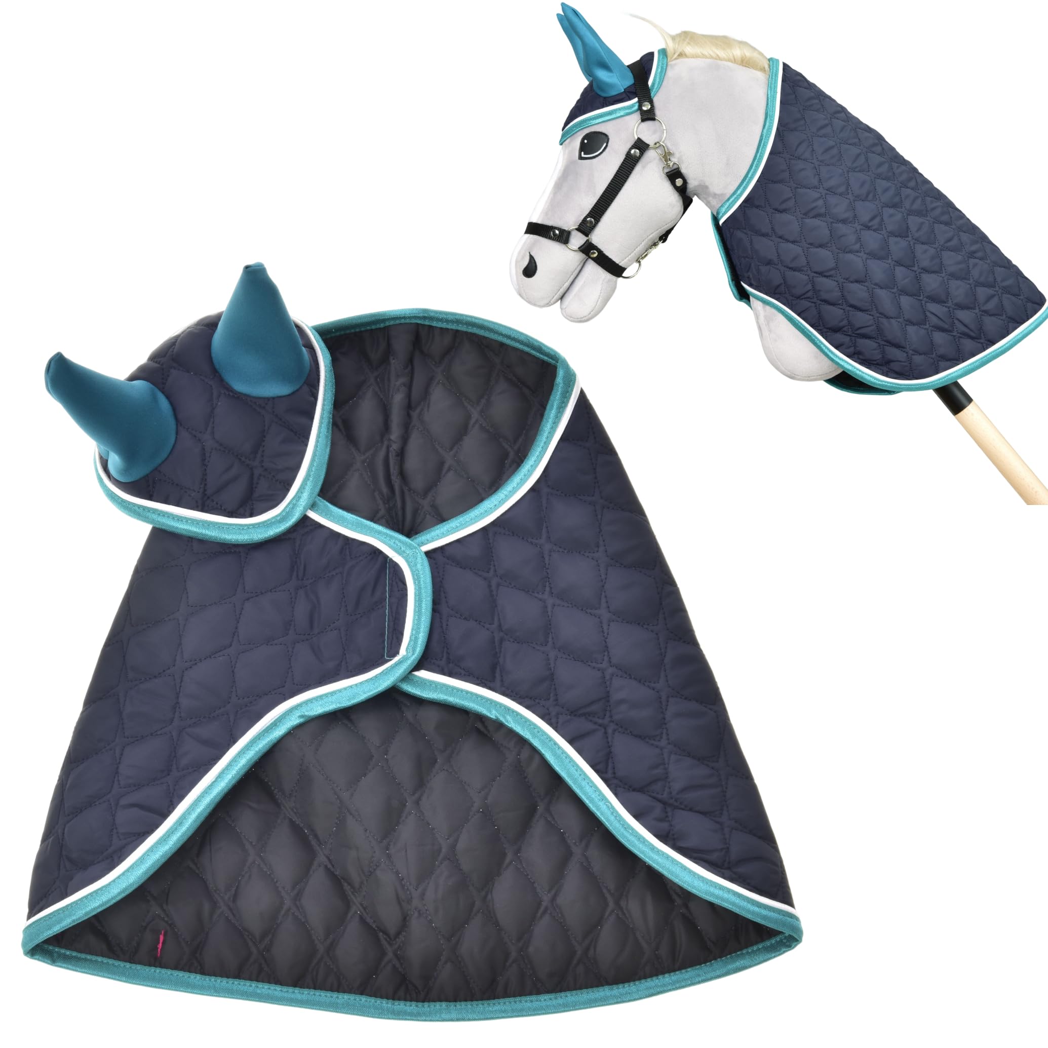 LarDen Hobby Horse Zubehör – Set Supreme Turquoise – Handgefertigte Decke & Fliegenhaube für Steckenpferd, Stockpferd & Spielpferd – Ohrenkappe, Ohrenhaube, Fliegenohren für Kinder – Hobby Horsing