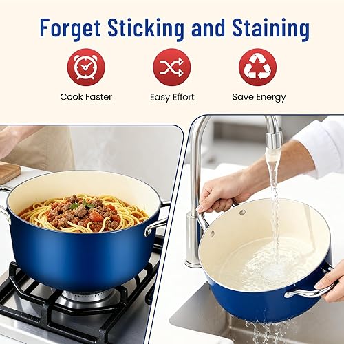 Miniatura 5 de AOSION Olla antiadherente de 6 cuartos de galón con tapa, olla de sopa de cerámica con vapor y cucharón, ollas de cocción de inducción compatibles