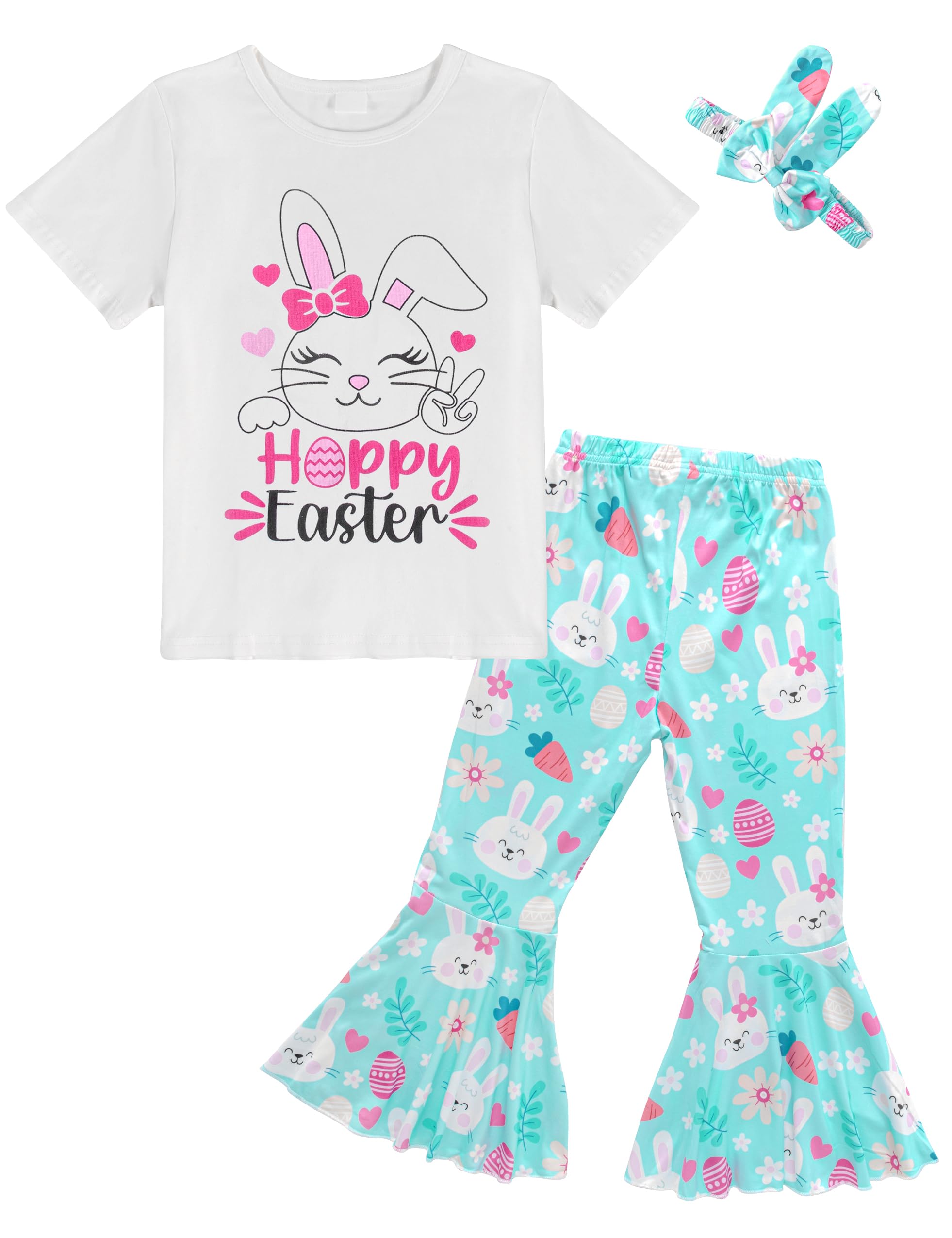DAKEIK Toddler Girl Easter Outfit 3t-4t Girls Easter Outfit Happy easter Bunny Print White T-Shirt Cute Bunny Print Bell Pants Bunny Headpiece 3 Piece Easter Set