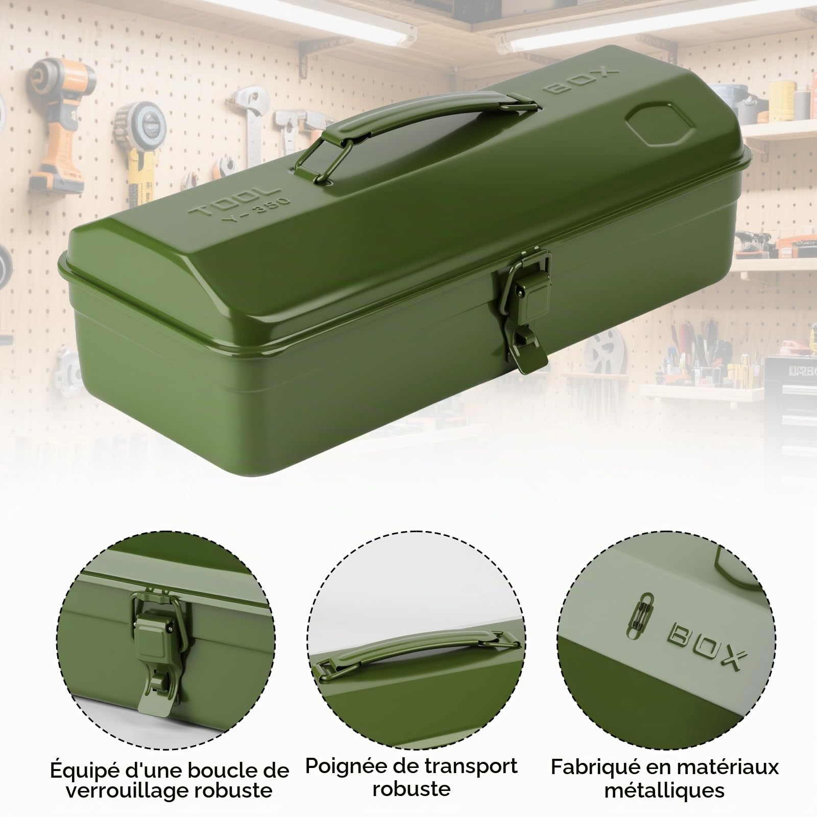 Boite Outils Metal Verte, 37 × 16 × 12 cm, Caisse pour Outils avec Verrouillage à Pression et Poignée Ergonomique, Boîte à Outils Portable pour Atelier, Maison, Usage Quotidien