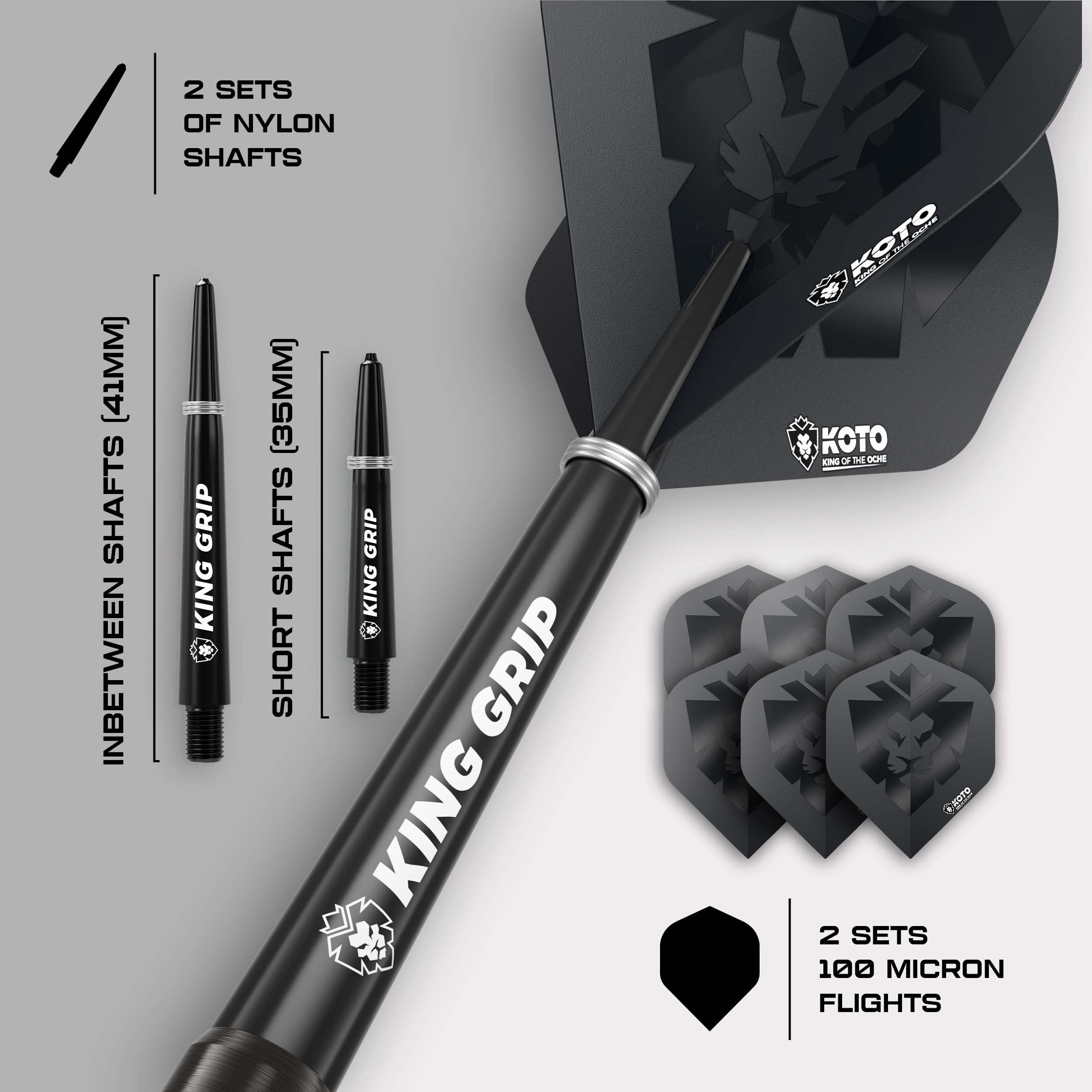 KOTO – Sting Black 90% Tungsten Darts, 23G, Czarny, Rzutki Steel Tip Zestaw | 23G Rzutki Steel Tip, Wolframowe Lotki 90%, W Zestawie 3 Grociki, 6 Lotek & 6 Shaftów, Z Etui, Ring Grip, Straight, Grawer
