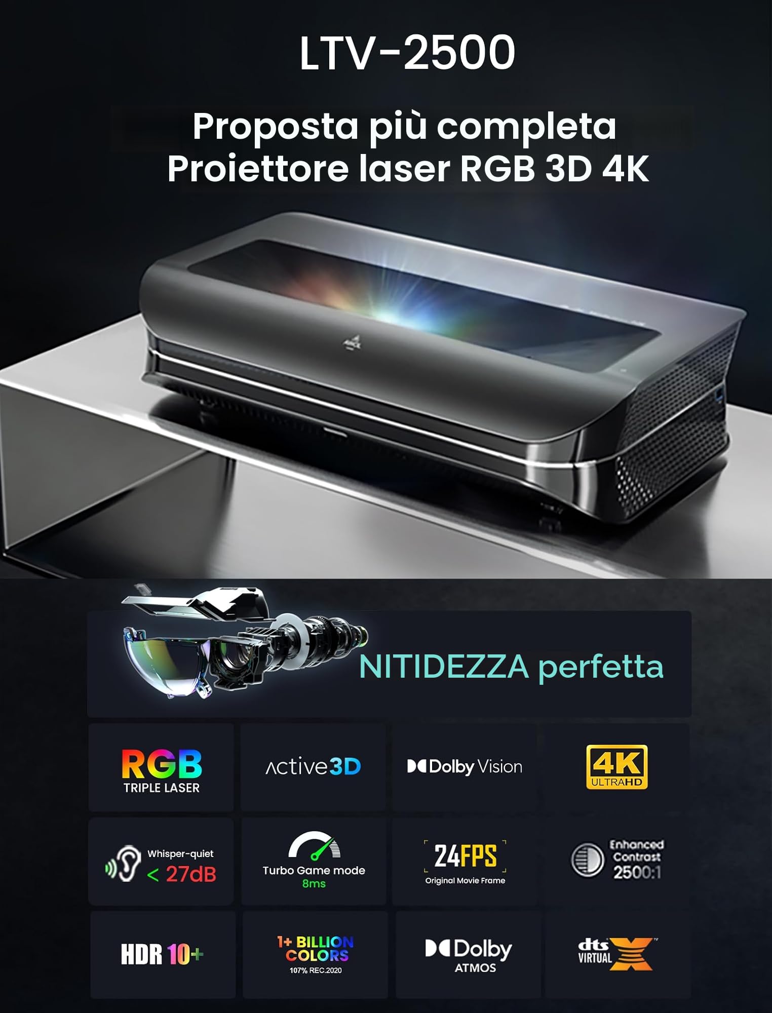 AWOL VISION LTV-2500 Proiettore Laser Ultra Short Throw 4K UHD con Dolby Vision & Atmos, 3D Attivo, 150", HDR10+, UST Laser TV (Include Fire TV Stick 4K Max)