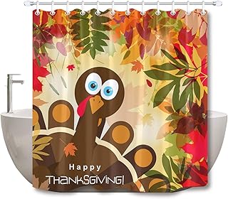 LB Happy Thanksgiving Shower Curtain Fall Theme Brown Turkey with Maple Leaves Seasonal Scene Holiday Shower Curtain for Kids Bathroom 72x72 Inch Polyester Fabric with 12 Hooks