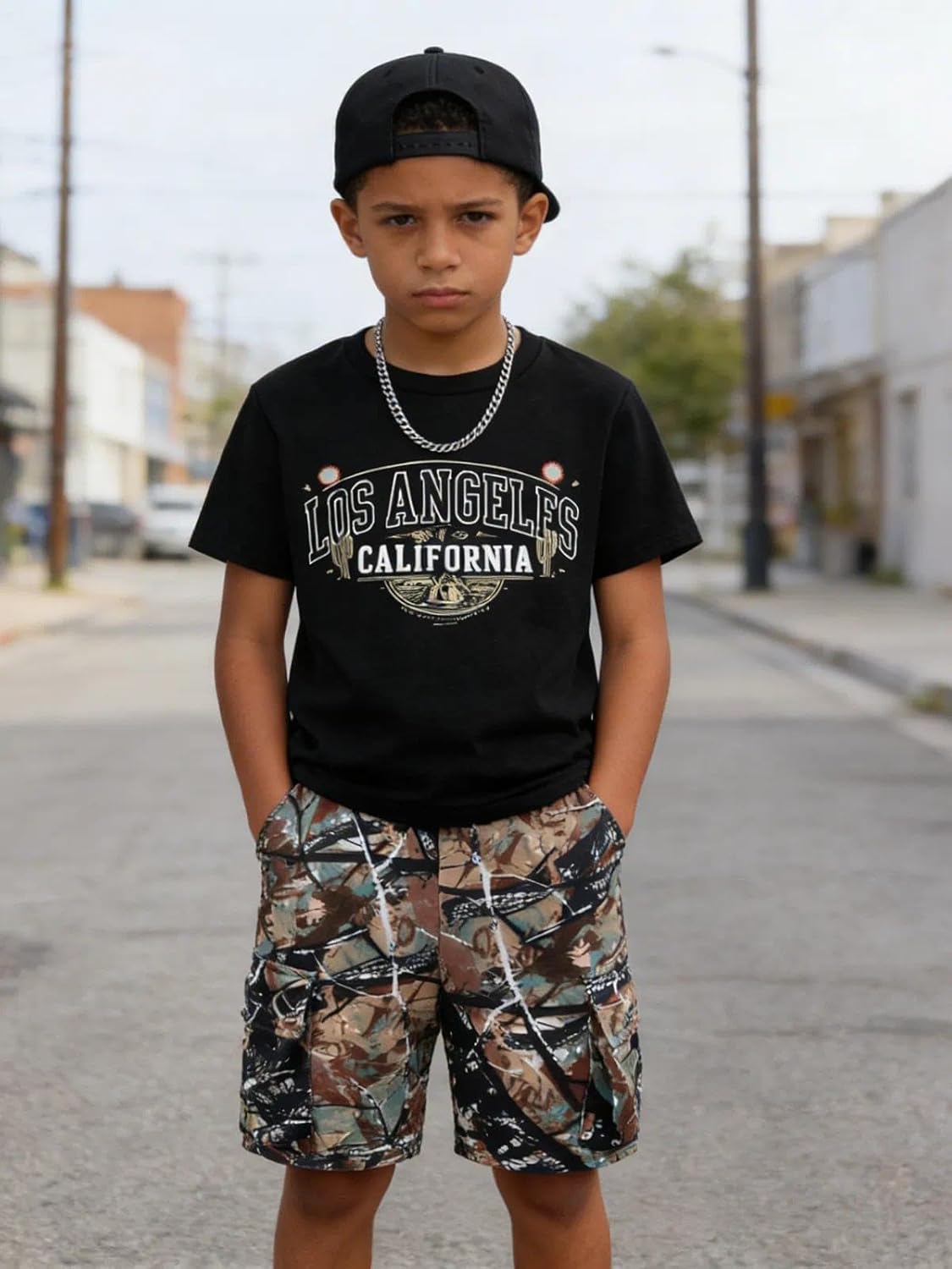 7-14 Years Boys' 2-Piece Outfit T-Shirt & Camouflage Cargo Shorts Set Summer Clothes for Kids - Image 2