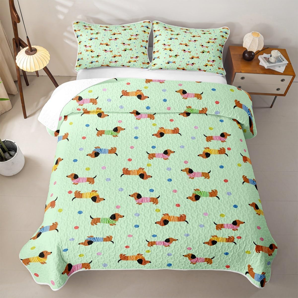 Manfei Dachshund Sausage Dog Kids Quilt Set Full Size,Polka Dots Quilted Bedspread,Pet Animal Themed Quilted Coverlet with 2 Pillow Sham,Orange White Bed Covers for All Season