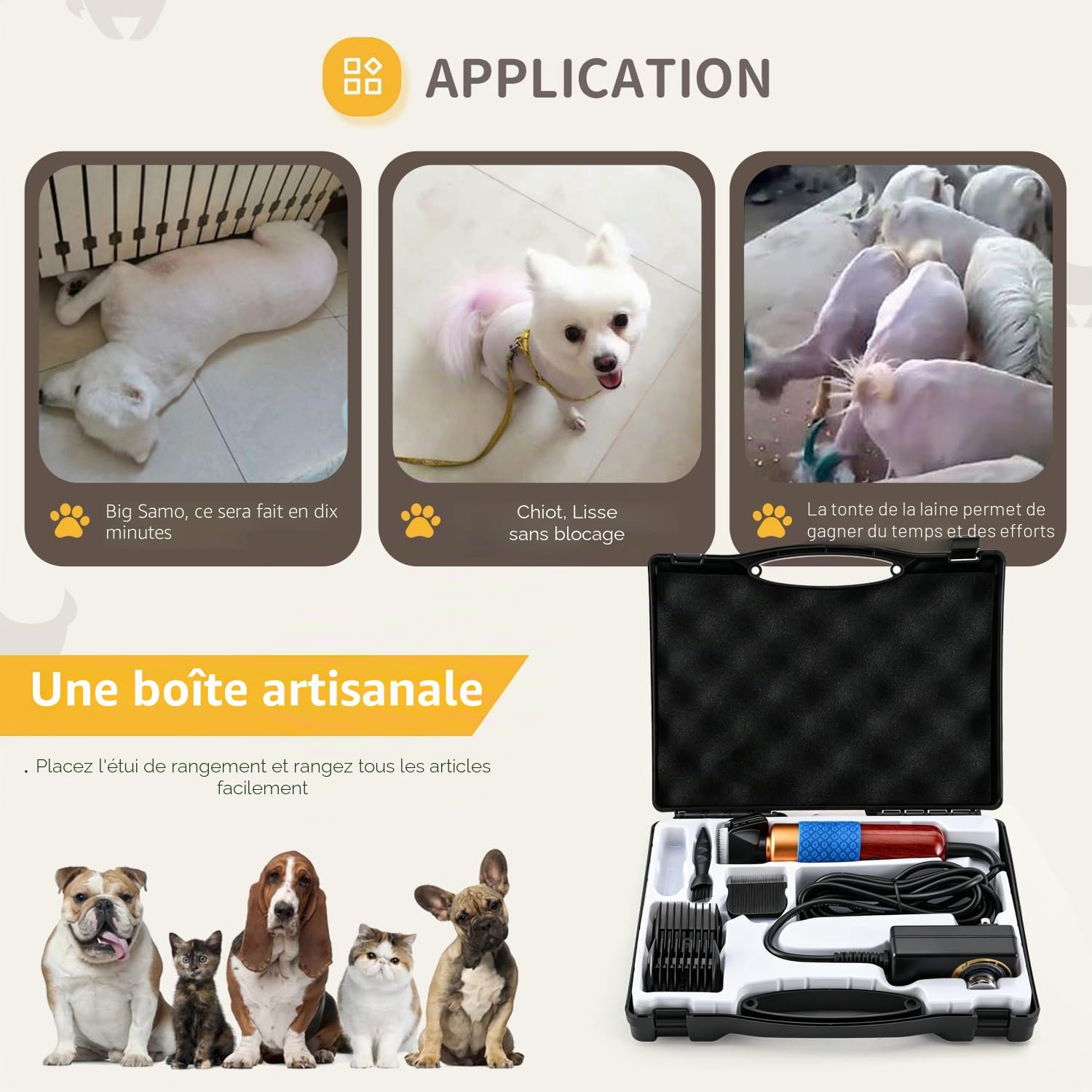 CGOLDENWALL Tondeuse Électrique à Chien/Chat 200W – Câble 3m, Lames Acier Titane/Céramique, Manche Bois Acajou Sûr – Pour Lapins/Autres Animaux, Vitesse 2000-6000tr/min