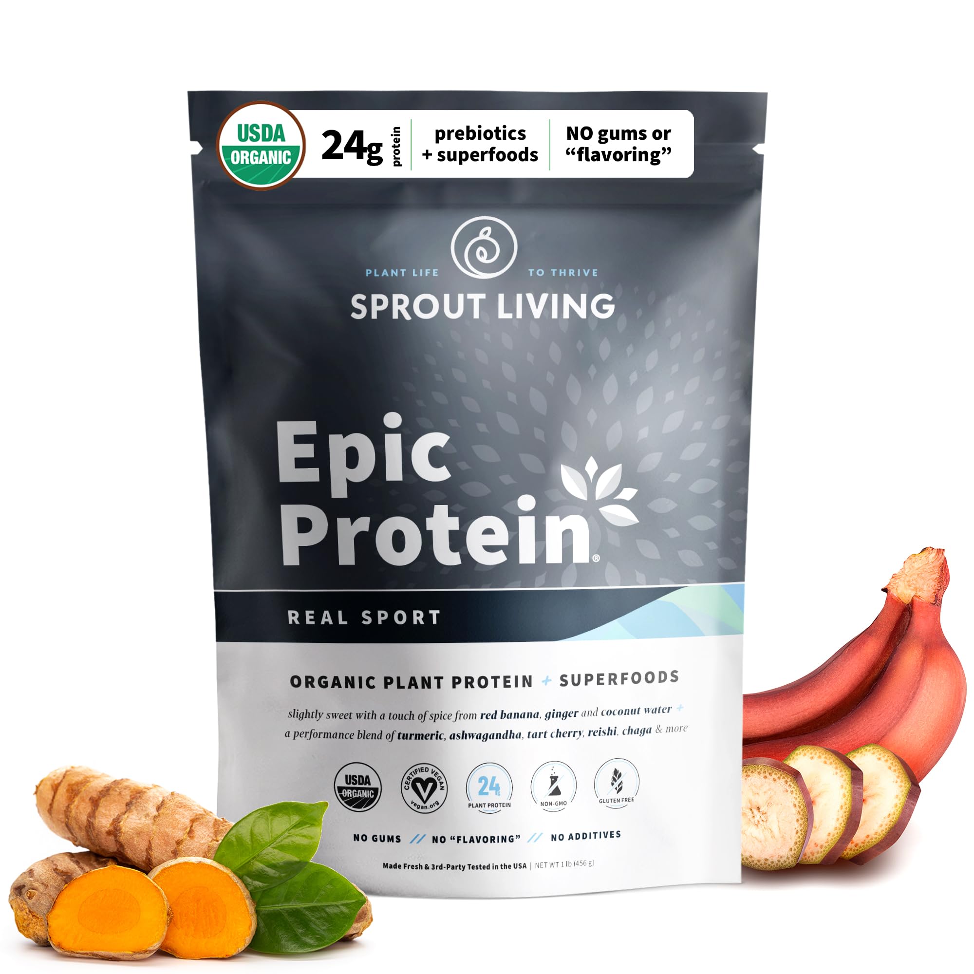 Sprout Living, Proteine epiche, proteine vegetali e supercibi in polvere, Real Sport | 24 grammi di proteine biologiche in polvere, recupero, vegano, non latticini, non OGM, senza glutine, a basso