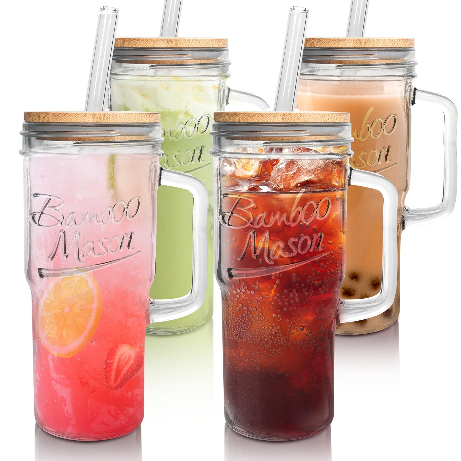 ANOTION Glass Cups with Lids and Straws - 24 oz Tumbler with Handle Christmas Coffee Cups Glass Straws Mason Jar Cups Drinking Set Kitchen Essentials Coffee Bar House Warming Gifts New Home