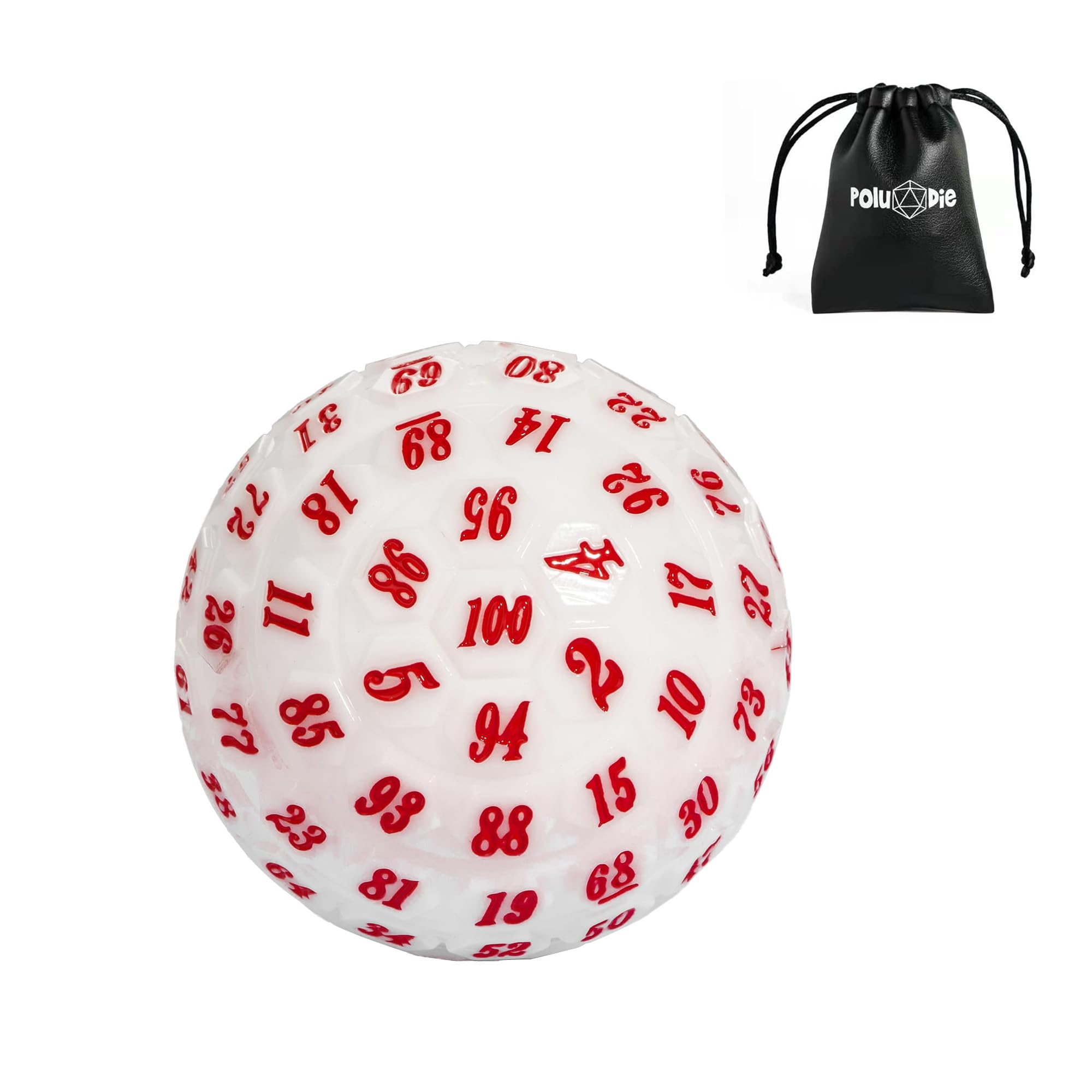 Poludie 100 Sided Polyhedral Dice, Single D100 Game Dice, 100 Sided Cube with Black Pouch, D100 die 48 mm (White with Red Number)