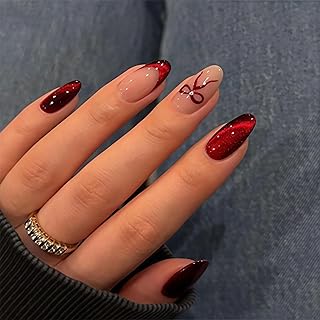 24 Stücke Press-On Nägel Mandelform, Luxus Rot Cat Eye Fake Nägel, Bordeaux French Tip mit Schleifen-Design, Inklusive Klebepads & Feile, Klebe-Nägel für Weihnachten & Valentinstag