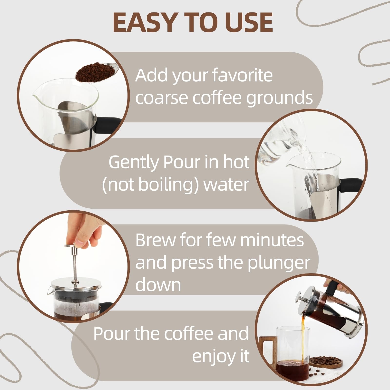 Starward French Press 350 ml Caffettiera in Acciaio Inox, Vetro Borosilicato, Filtro