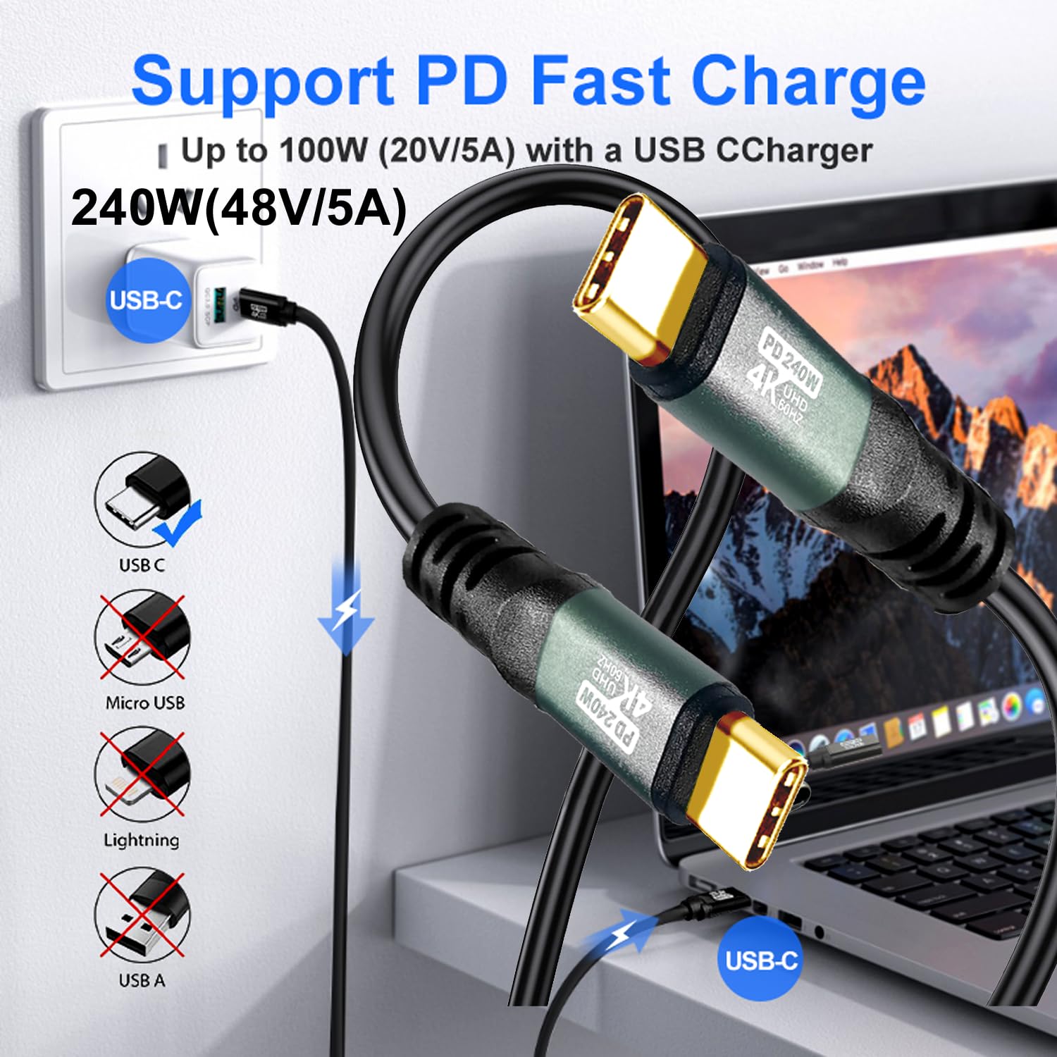 Cavo da tipo C a C, 0,9 m, 4K60HZ GEN2x2 (dati USB 2.0), uscita video di tipo C da USB 3.2/USB4.0 e sincronizzazione per monitor portatile Xreal MacBook Pro, iPad Pro, iPhone 15 Pro Galaxy