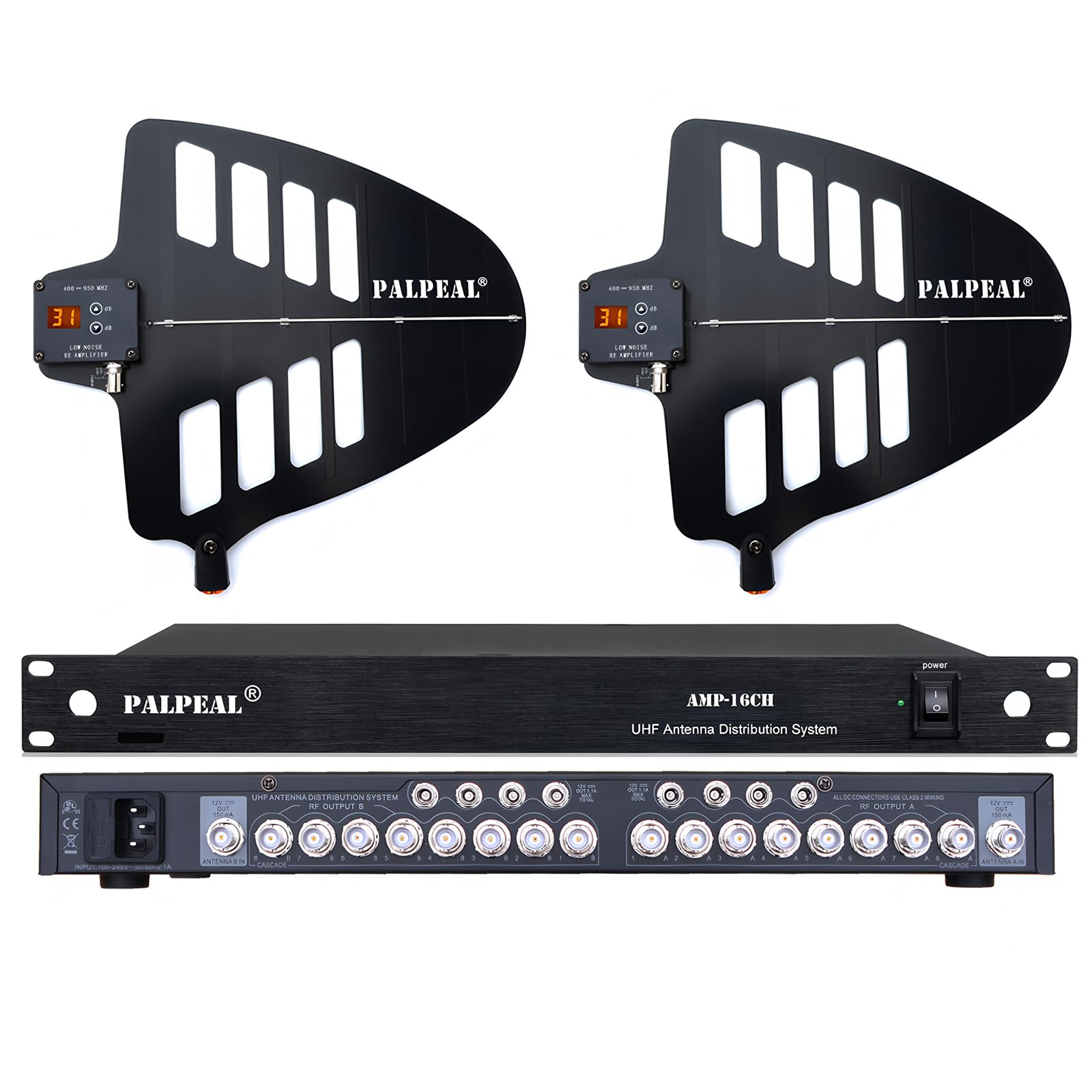 PALPEAL AMP-16CH 16 Channels Wireless Antenna Distribution System,14 Outputs + 2 Cascade Ports,UHF Active Directional Antenna,2200 FT,Wireless Microphone Signal Amplifier
