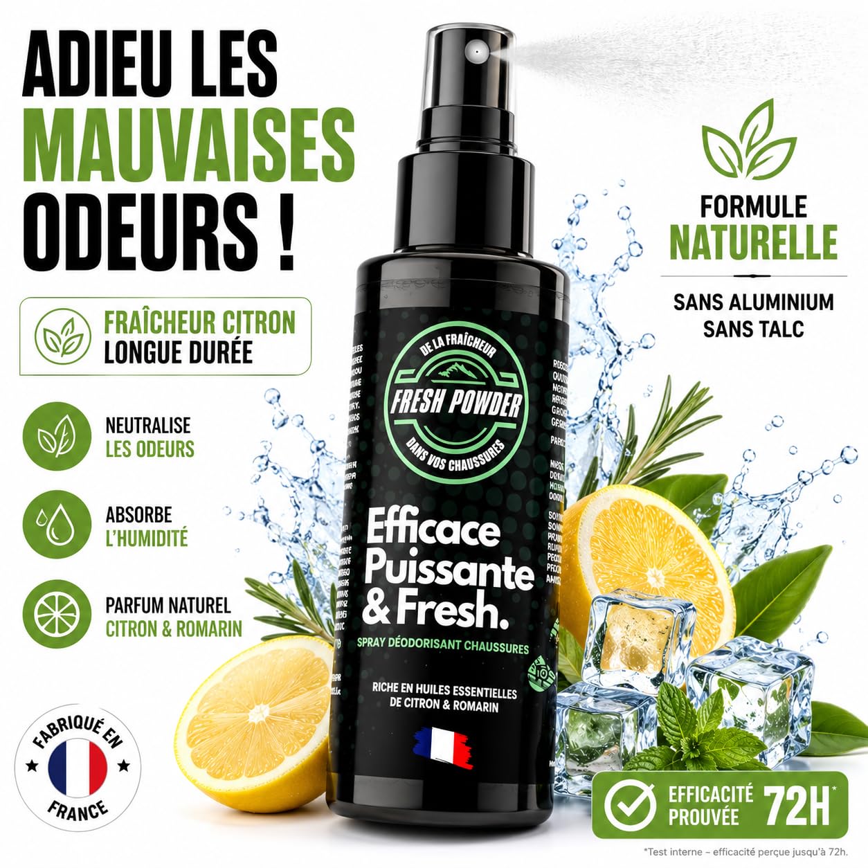 Desoladora de zapatos – Limón – Desodorante baloncesto elimina los olores – Neutraliza la humedad – Polvo natural – Larga duración de acción – Fabricado en Francia por Fresh Powder (120 ml (paquete de