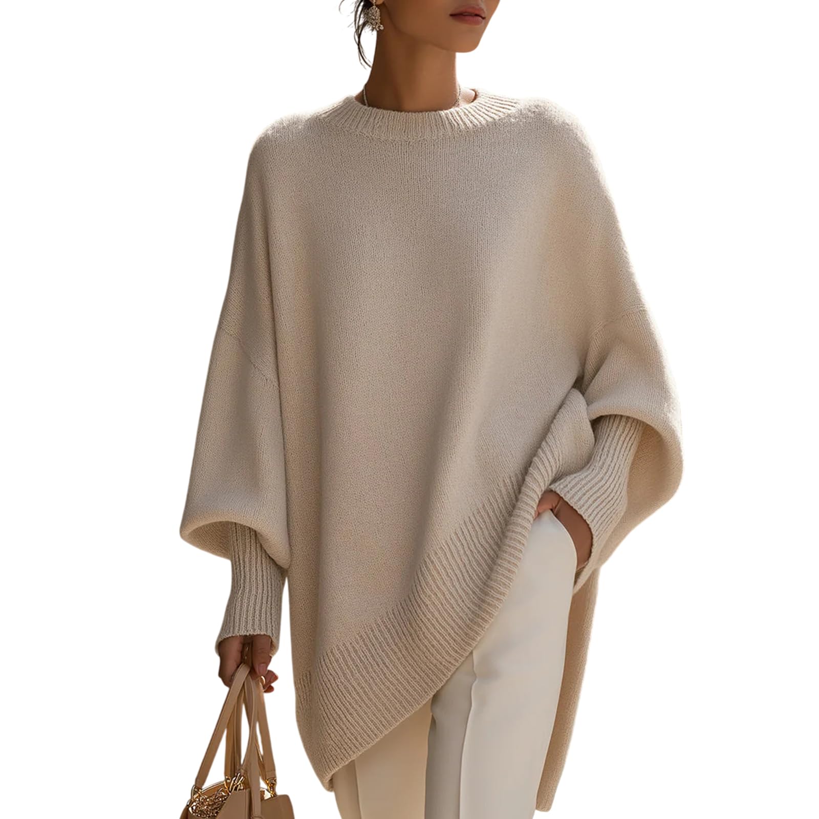 Womens Oversized Batwing Sleeve Knit Sweater Casual Crewneck Ribbed Pullover with Loose Fit
