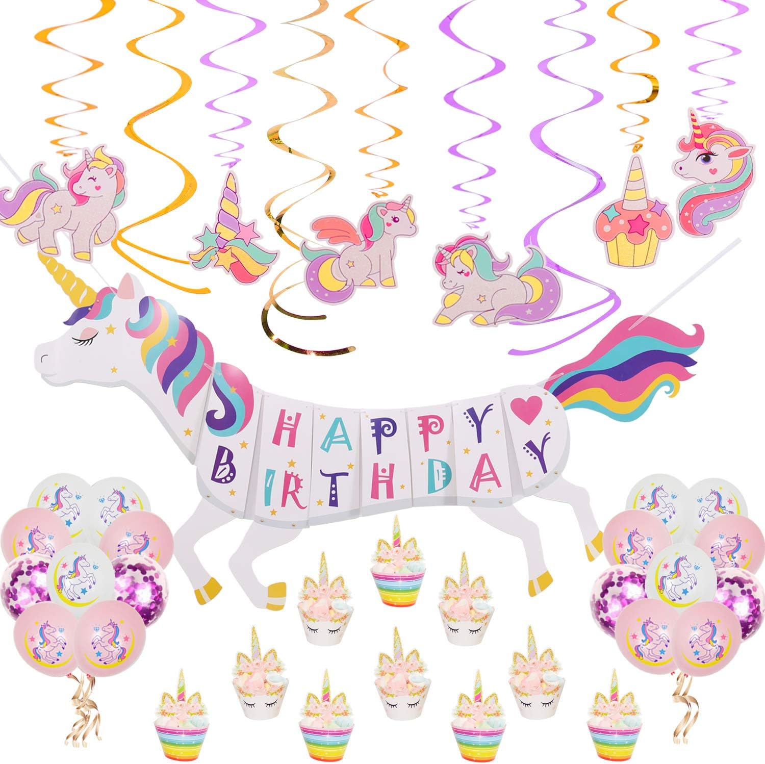 Pink Unicorn Theme Birthday Party Decorations Supplies-3D Unicorn Happy Birthday Banner-12 Ct Unicorn Hanging Swirls-10 Cupcake Toppers-18pcs Unicorn and Confetti Balloons (Total 41 items)