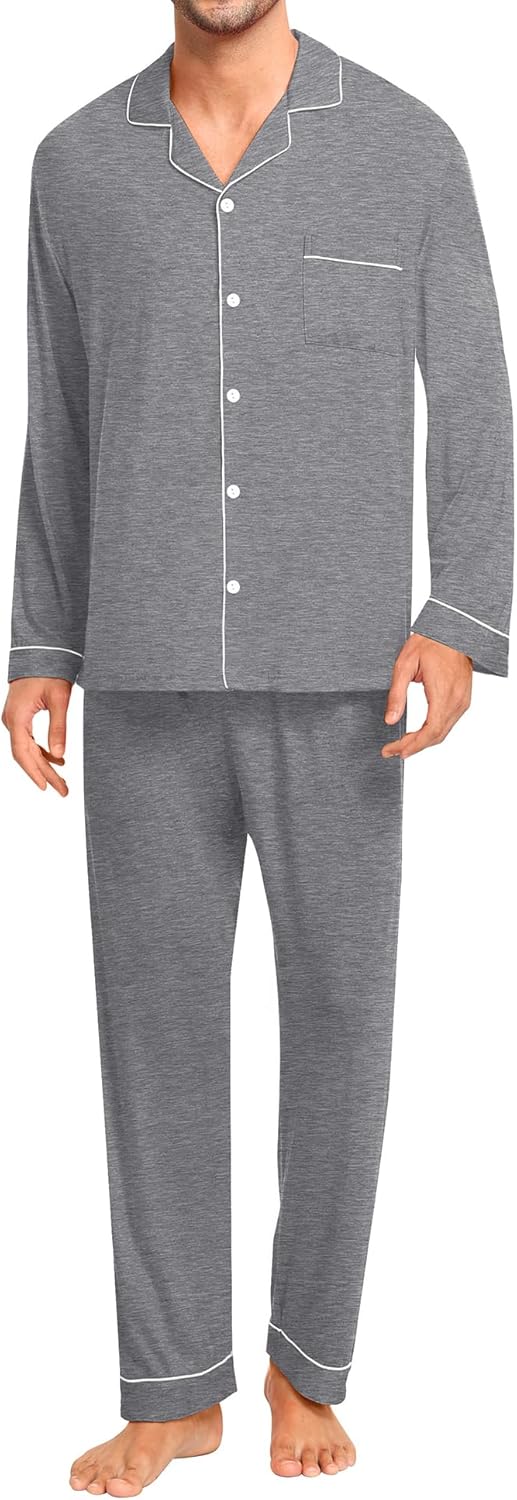 SWOMOG Men Pajamas Set Comfy Modal Pjs Button Down Sleepwear 2 Piece Long Sleeve Lounge Set Soft Nightwear with Pockets