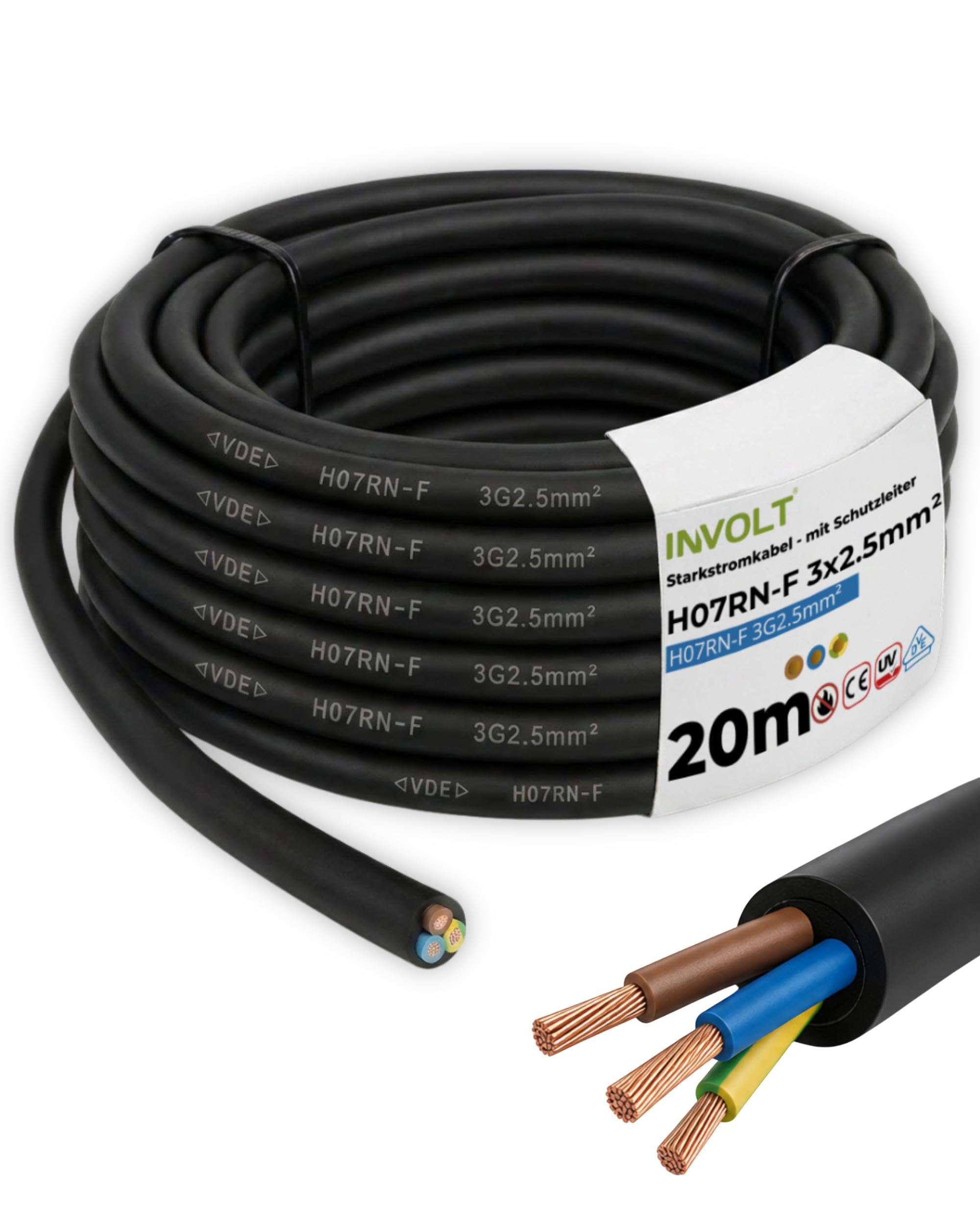 INVOLT 20 m H07RN-F 3G2,5 mm² przedłużacz CEE, elastyczny kabel gumowy z przewodem ochronnym, na zewnątrz, na placach budowy, certyfikat VDE | Elastyczne, zewnętrzne place budowy, certyfikat VDE
