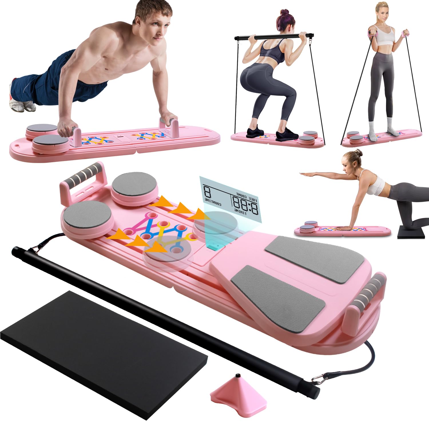 Pilates Reformer Machine for Home, Multifunctional Abdominal Board, Foldable Reformer Pilates Machine For Home Gym Equipment, Automatic Rebound Ab Roller For Women Men Fitness Equipment (Pink)