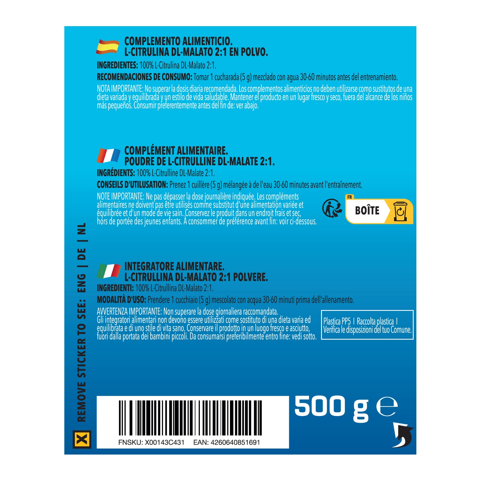 Bodylab24 L-Citrulline Malate 500g, 5g de L-Citrulline Malate par dose, dans un rapport 2:1, parfait pour les entraînements de haute intensité, poudre au goût neutre